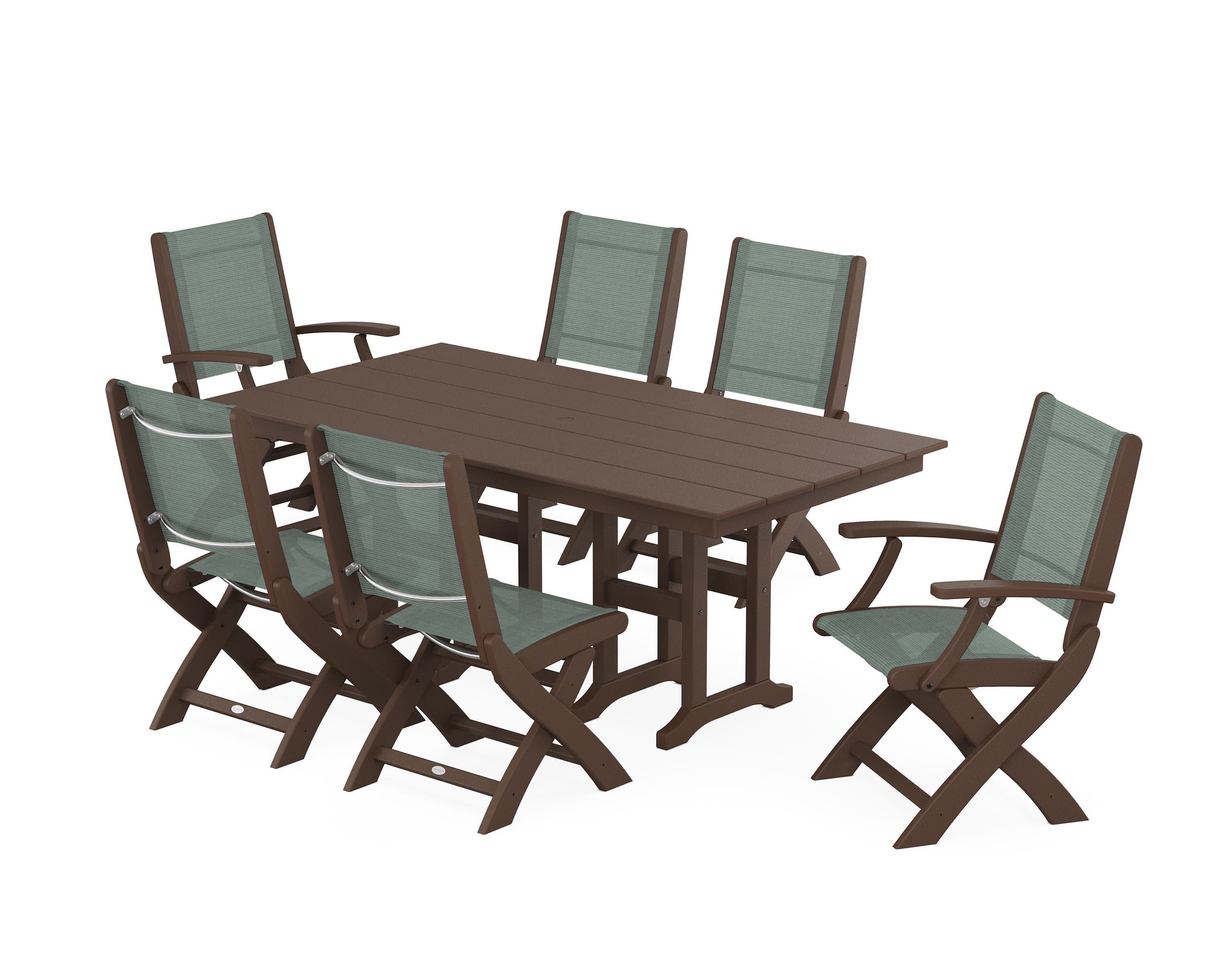 Coastal Folding Chair 7-Piece Farmhouse Dining Set in Mahogany / Dupioni Sea Mist Sling