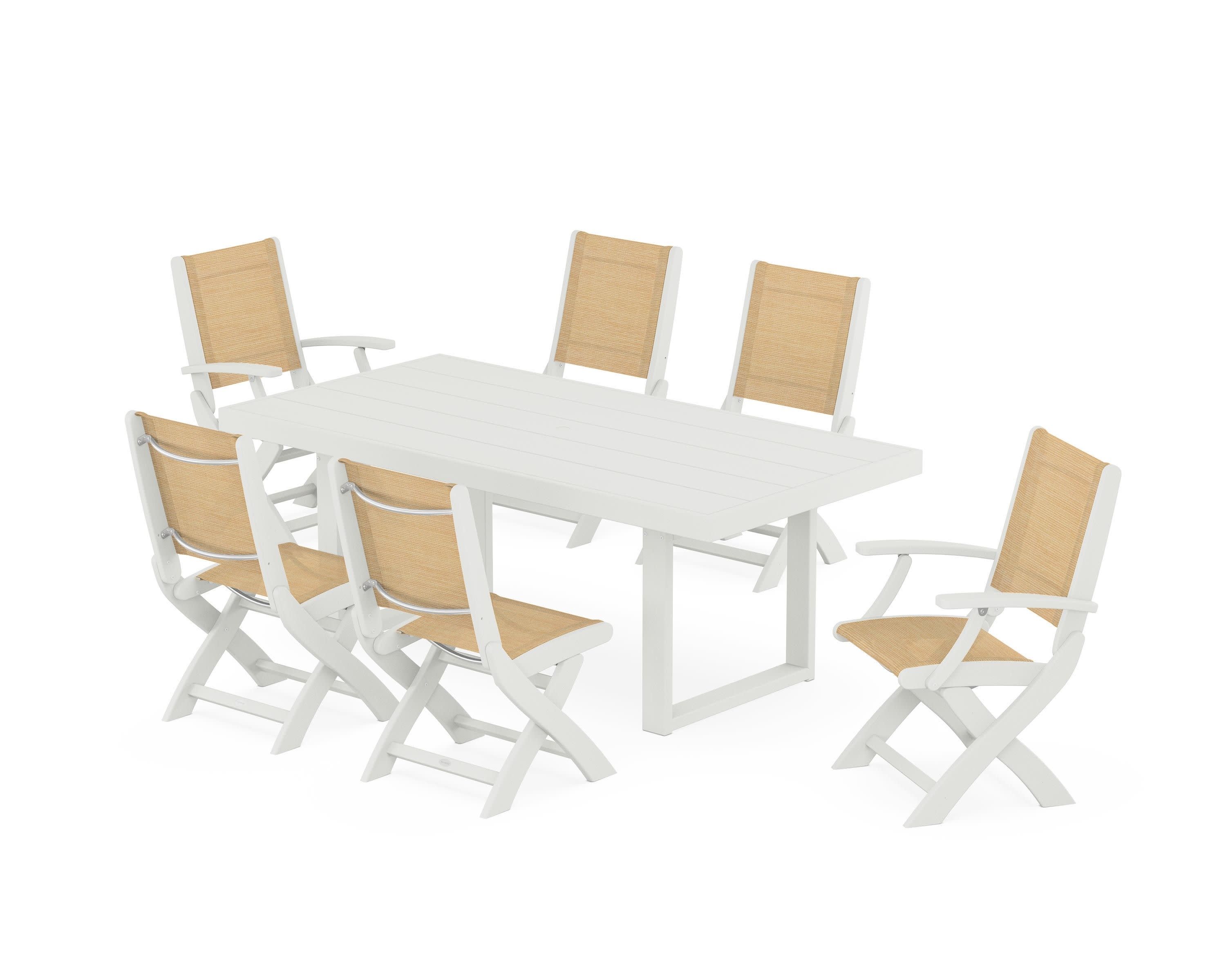 Coastal Folding Chair 7-Piece Dining Set with Trestle Legs in Vintage White / Dupioni Apricot Sling