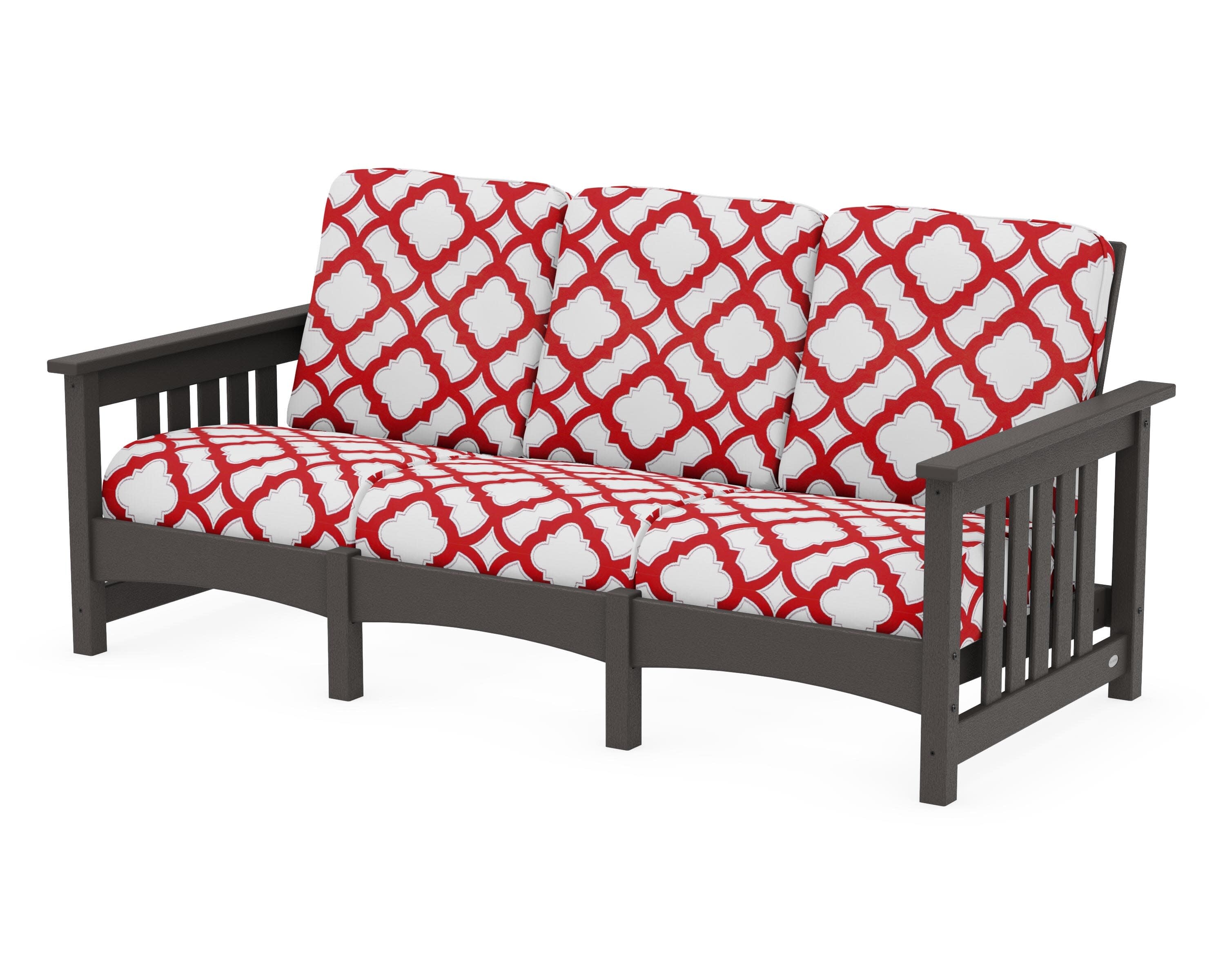 Club Mission Sofa in Vintage Coffee / Trellis Crimson