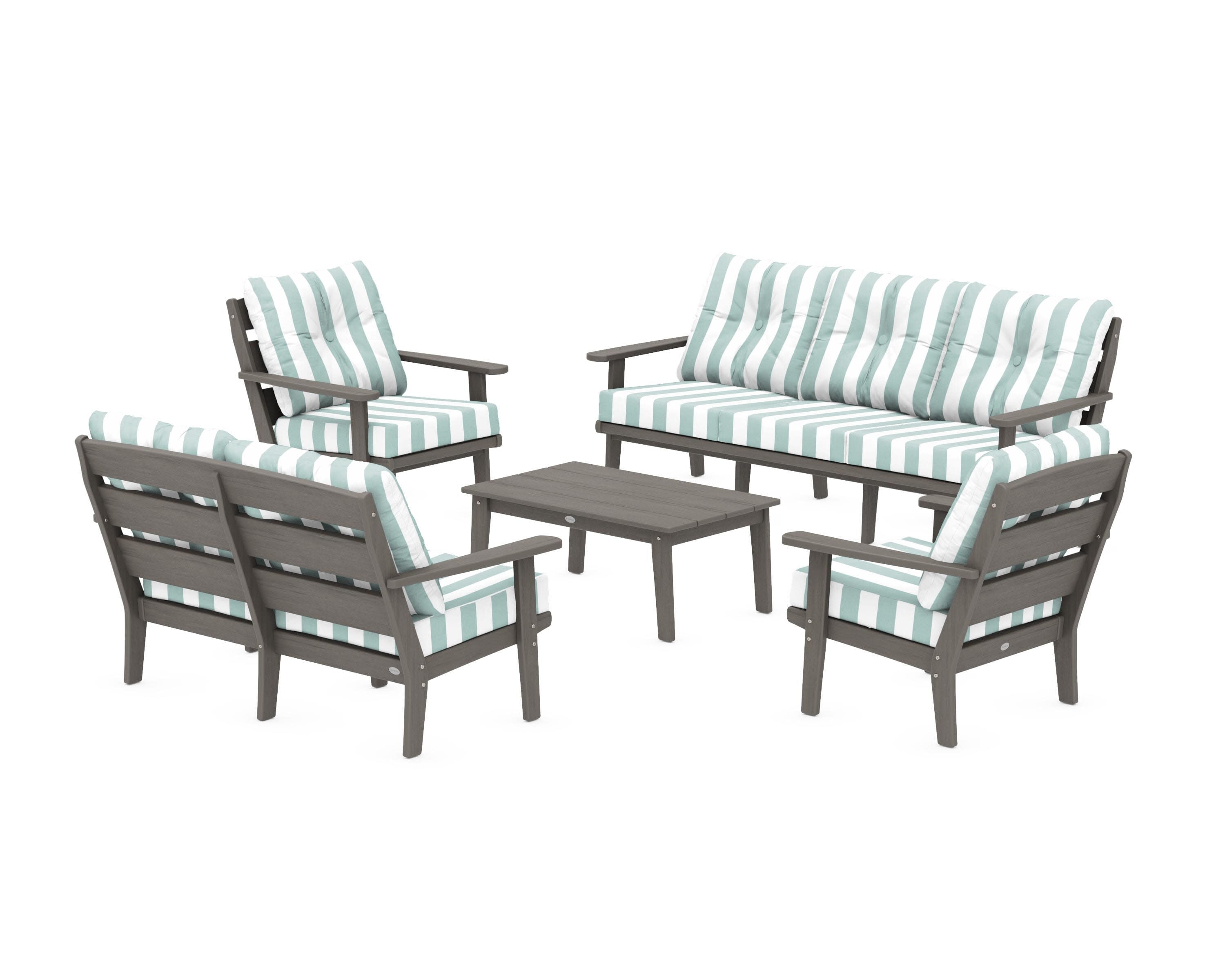 Lakeside 5-Piece Lounge Sofa Set in Driftwood / Cabana Stripe Glacier Spa