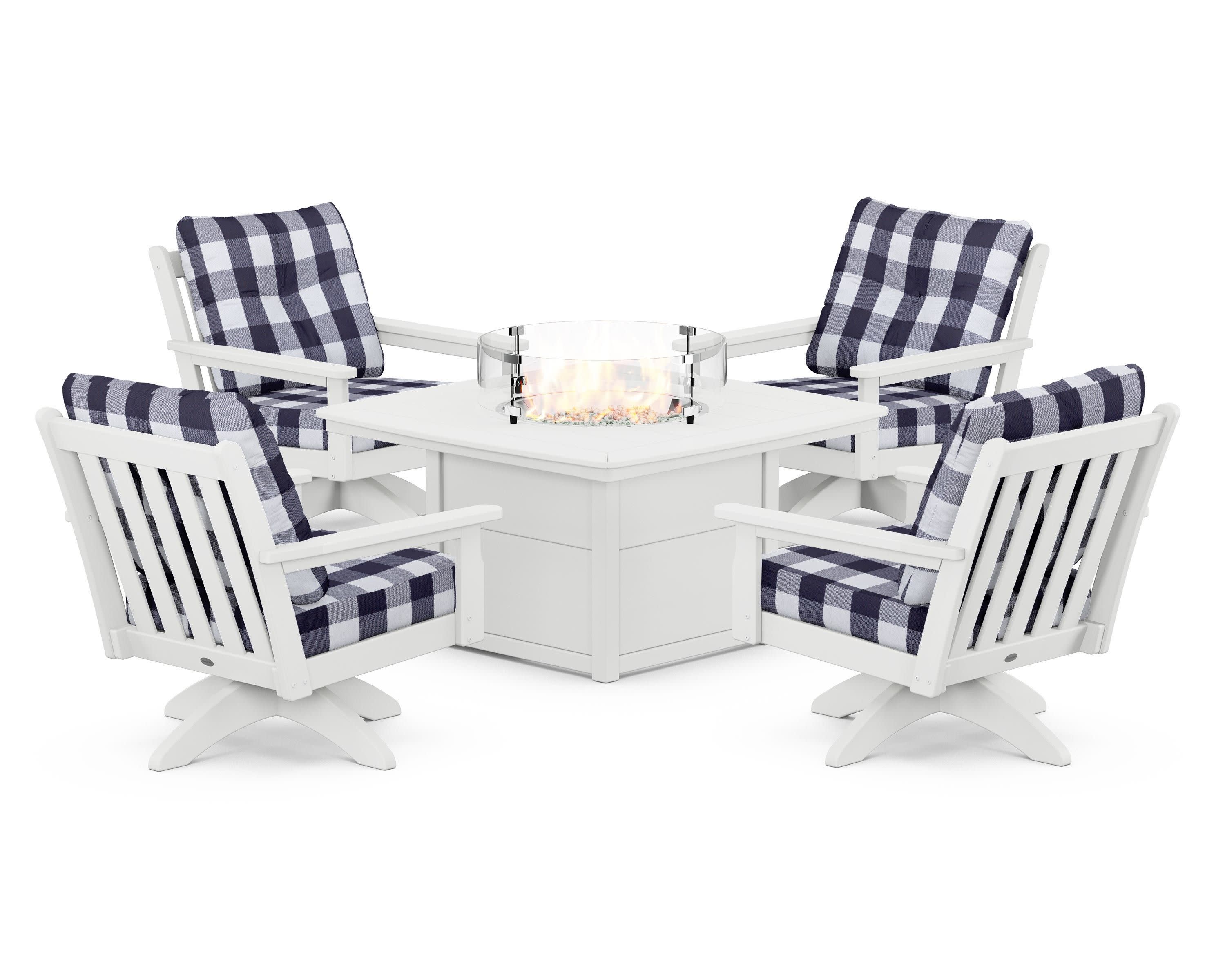 Vineyard 5-Piece Deep Seating Swivel Conversation Set with Fire Pit Table in White / Buffalo Plaid Navy