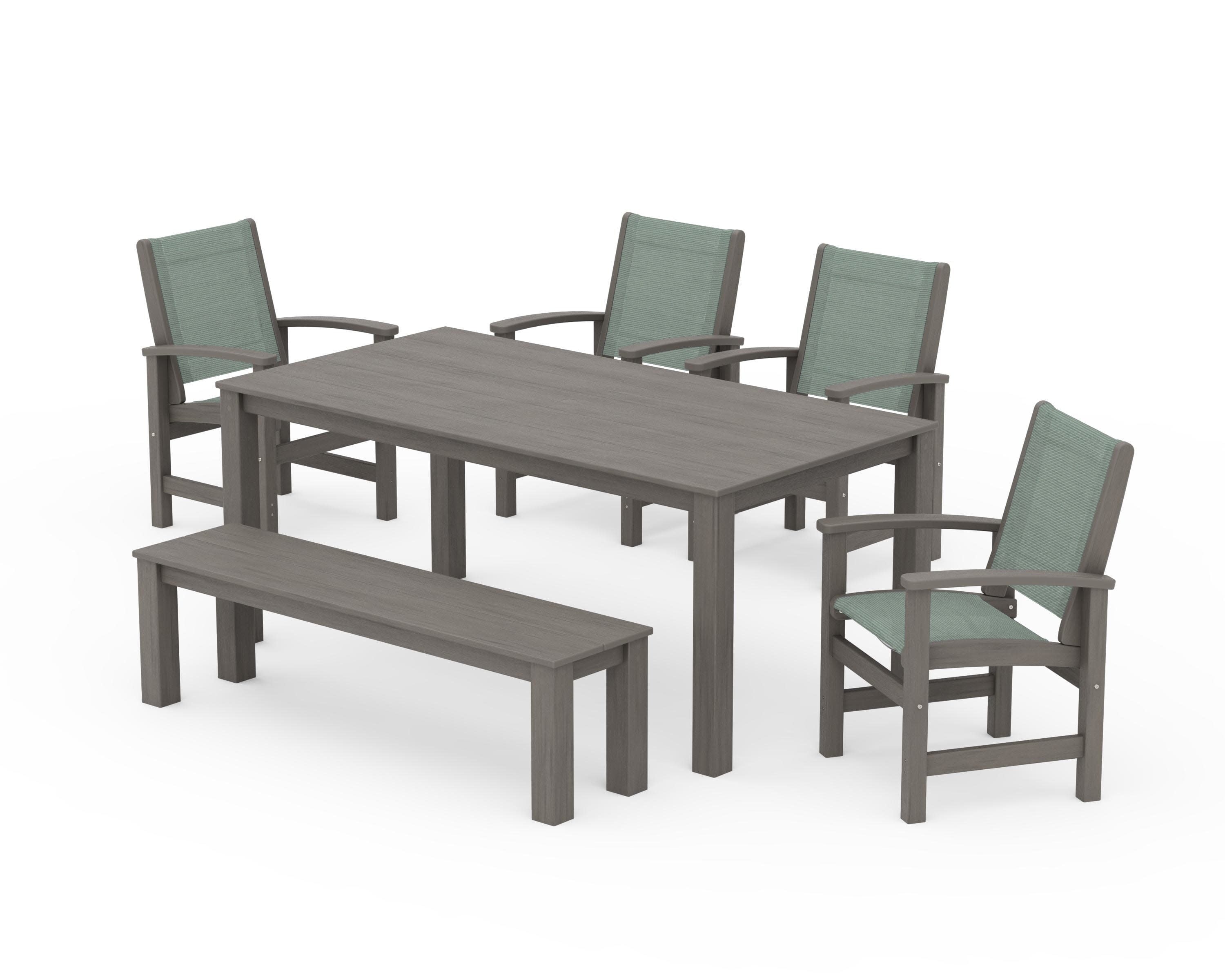 Coastal 6-Piece Parsons Dining Set with Bench in Driftwood / Dupioni Sea Mist Sling