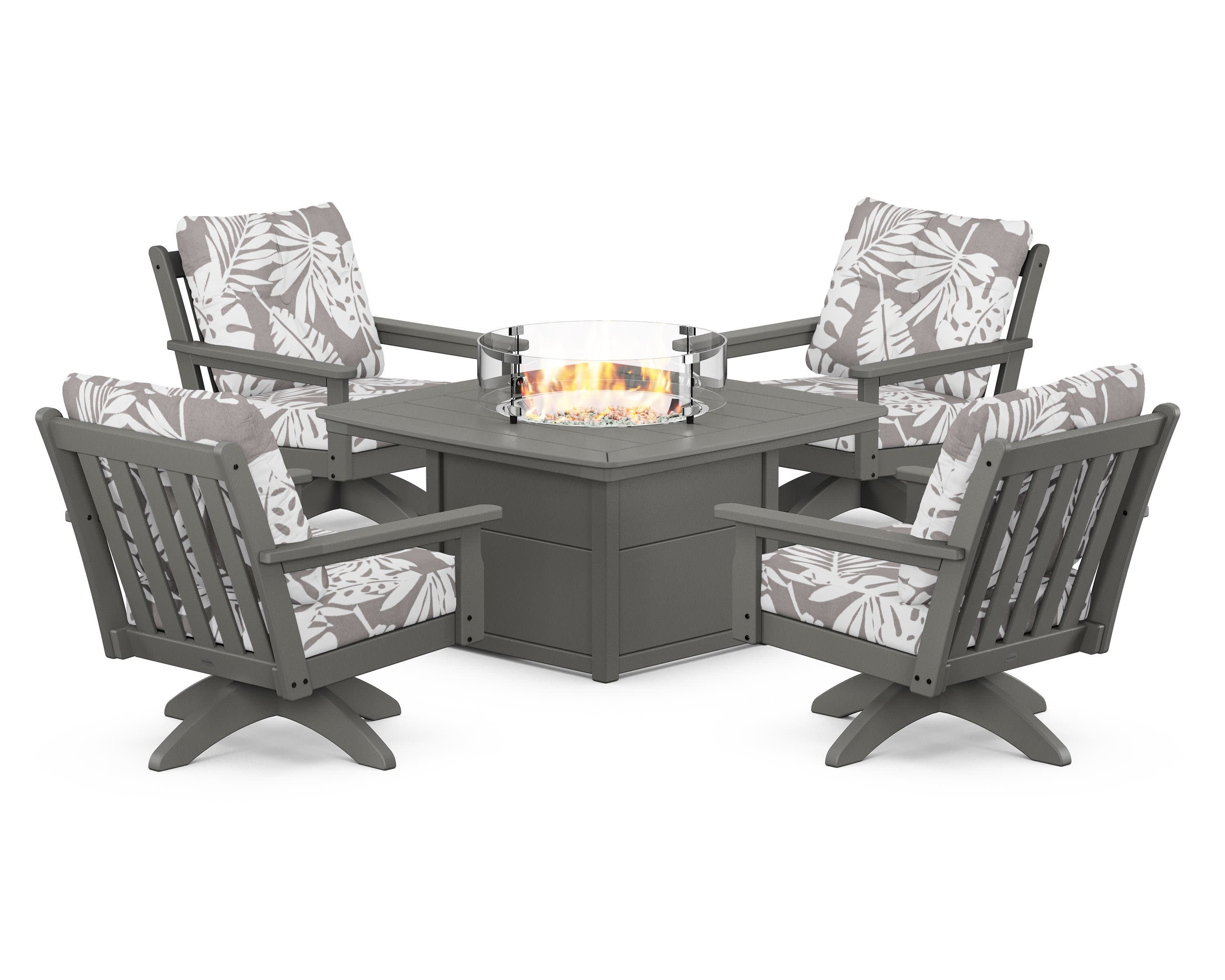Vineyard 5-Piece Deep Seating Swivel Conversation Set with Fire Pit Table in Slate Grey / Leaf Grey Mist