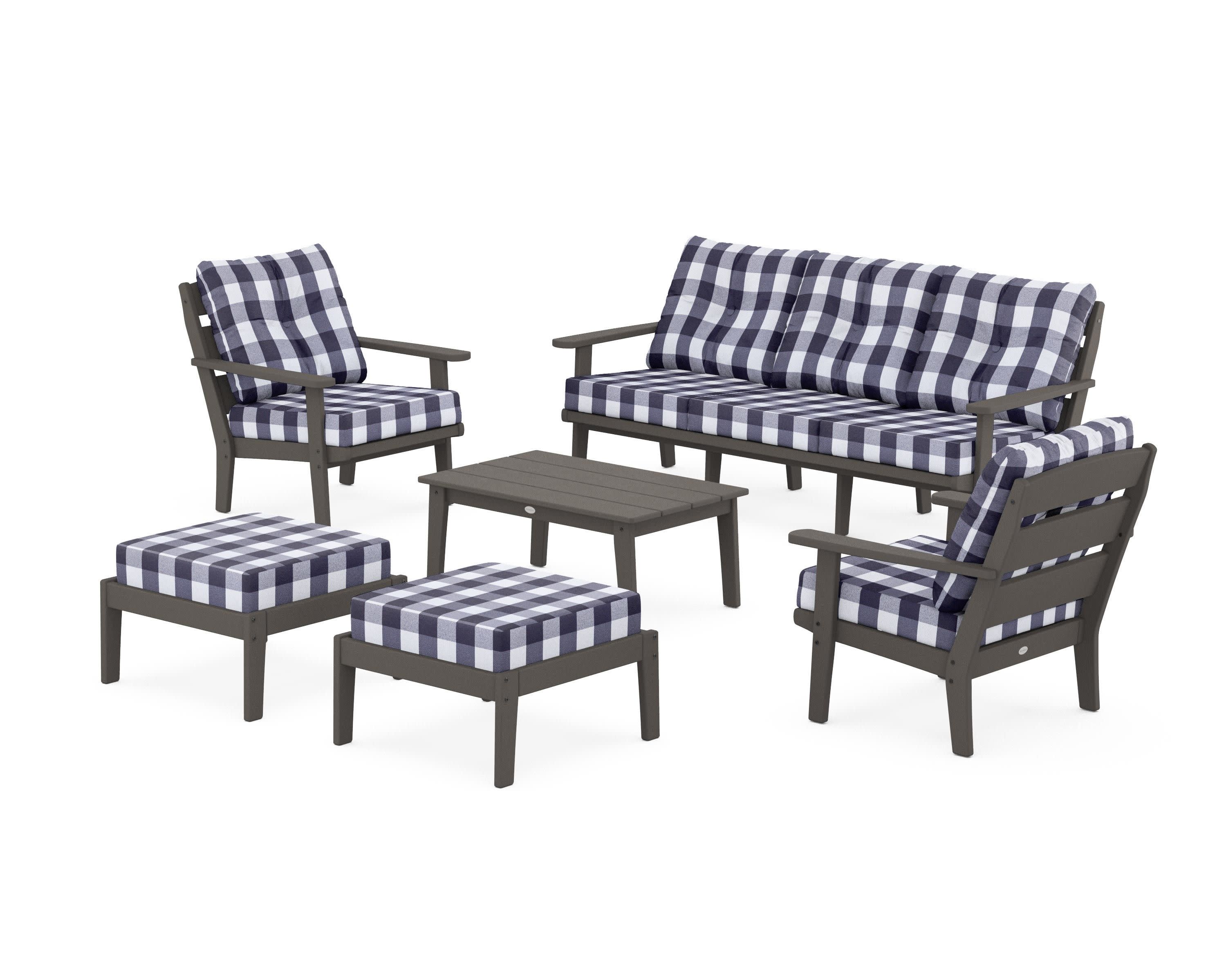 Lakeside 6-Piece Lounge Sofa Set in Vintage Coffee / Buffalo Plaid Navy