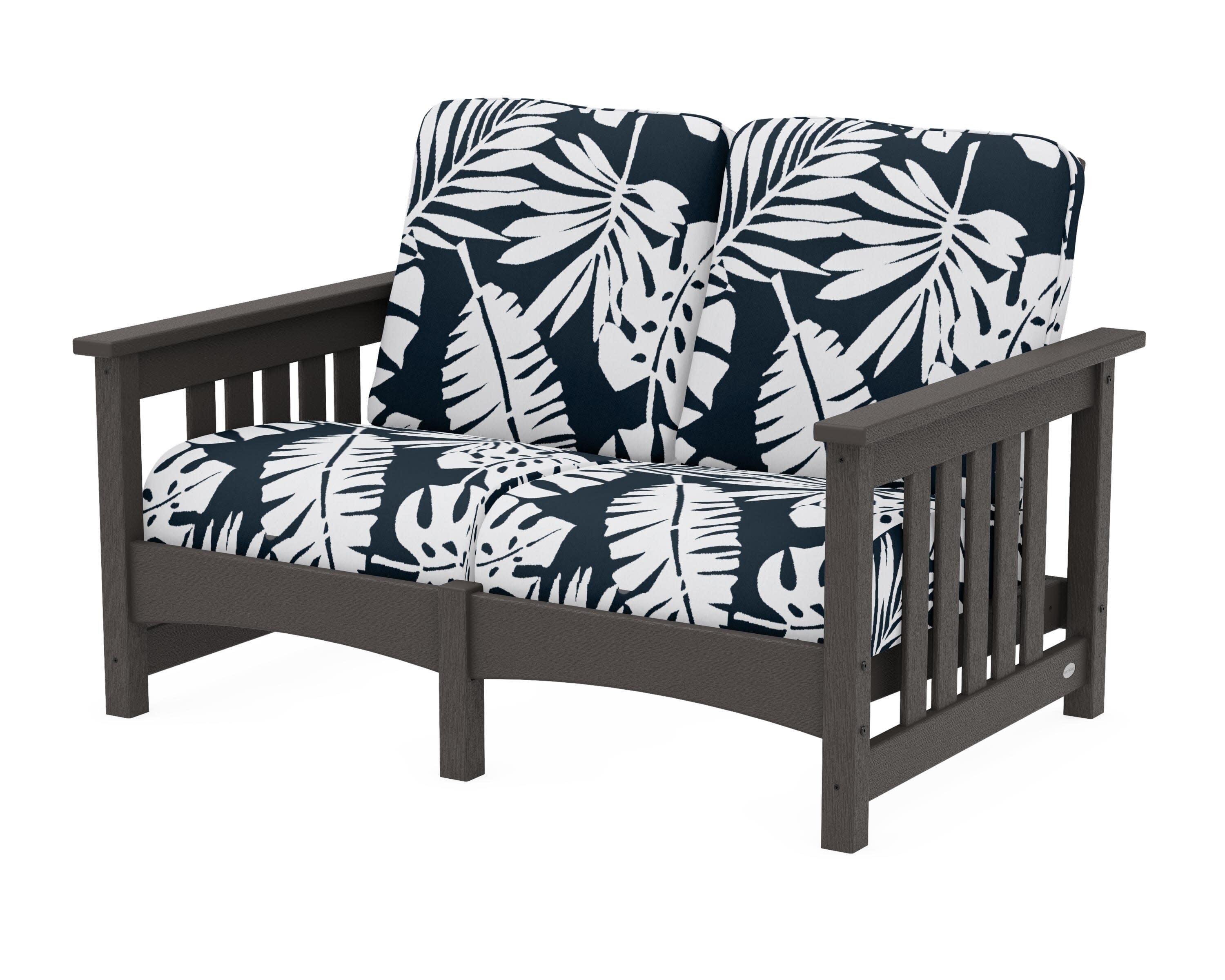 Club Mission Loveseat in Vintage Coffee / Leaf Marine Indigo