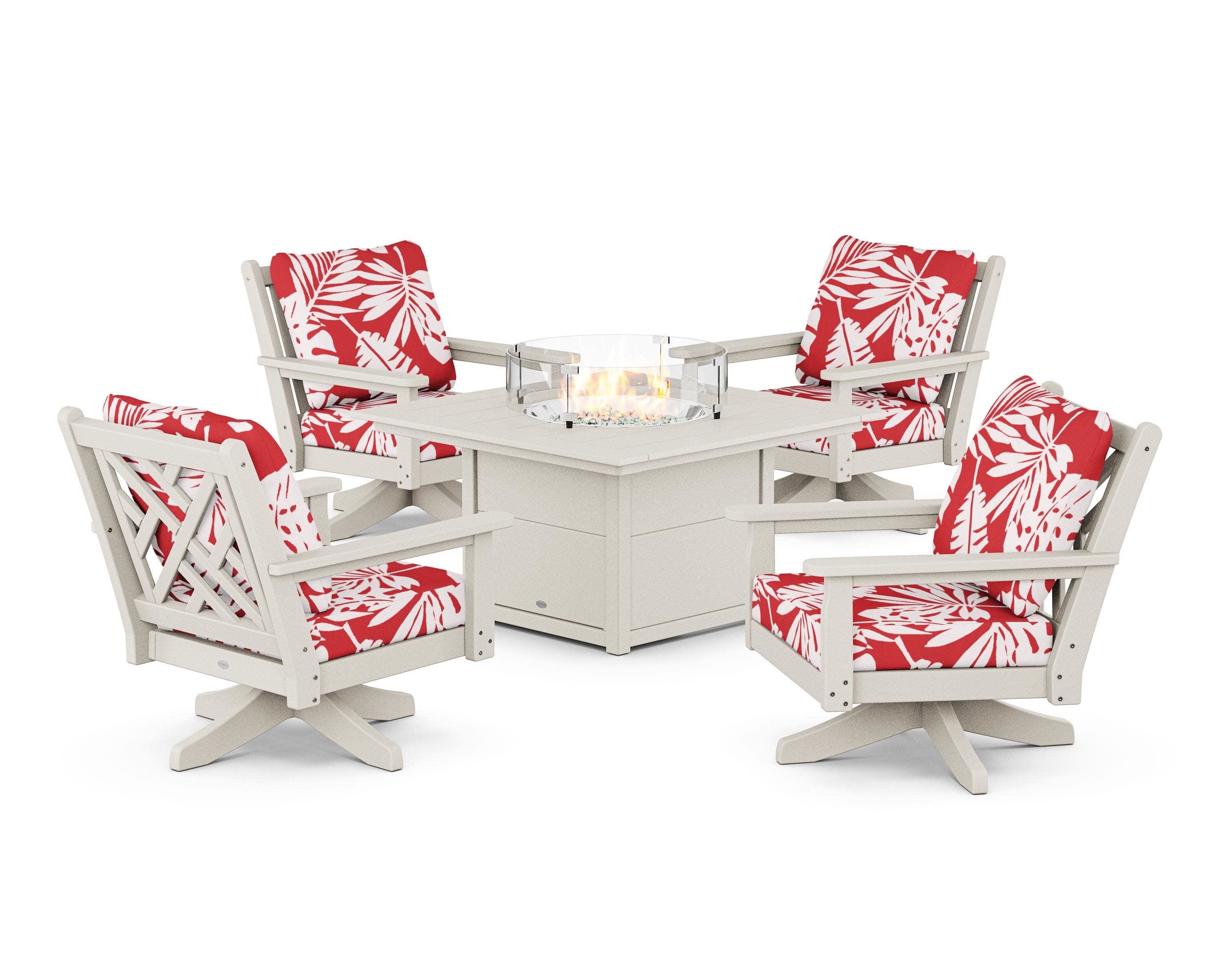 Chippendale 5-Piece Deep Seating Swivel Conversation Set with Fire Pit Table in Sand / Leaf Crimson