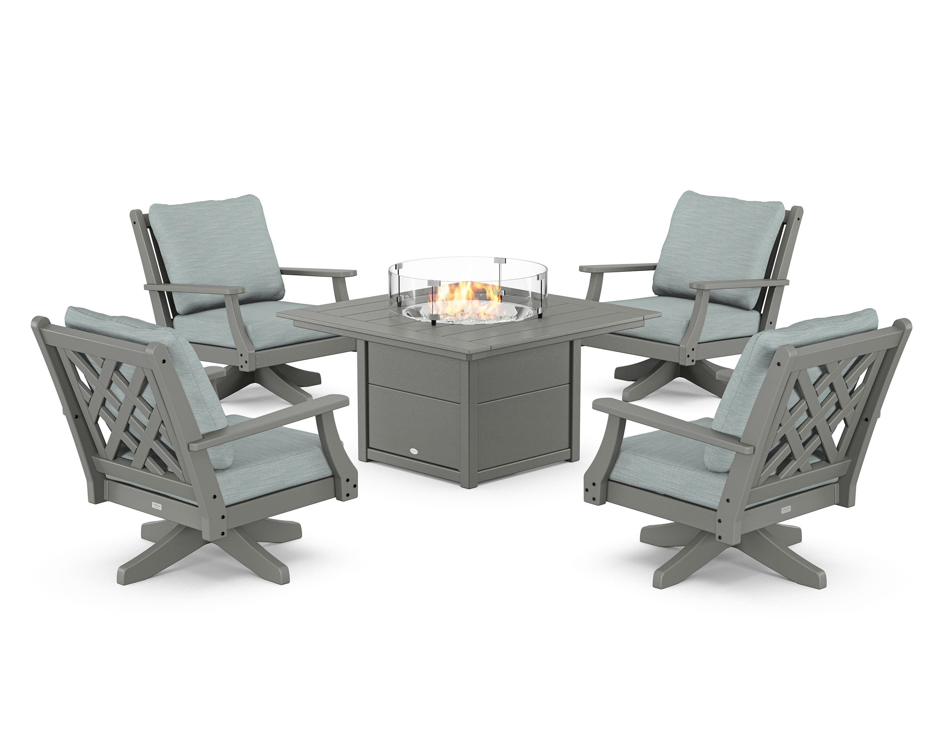 Wovendale 5-Piece Deep Seating Swivel Conversation Set with Fire Pit Table in Slate Grey / Soothe Mist