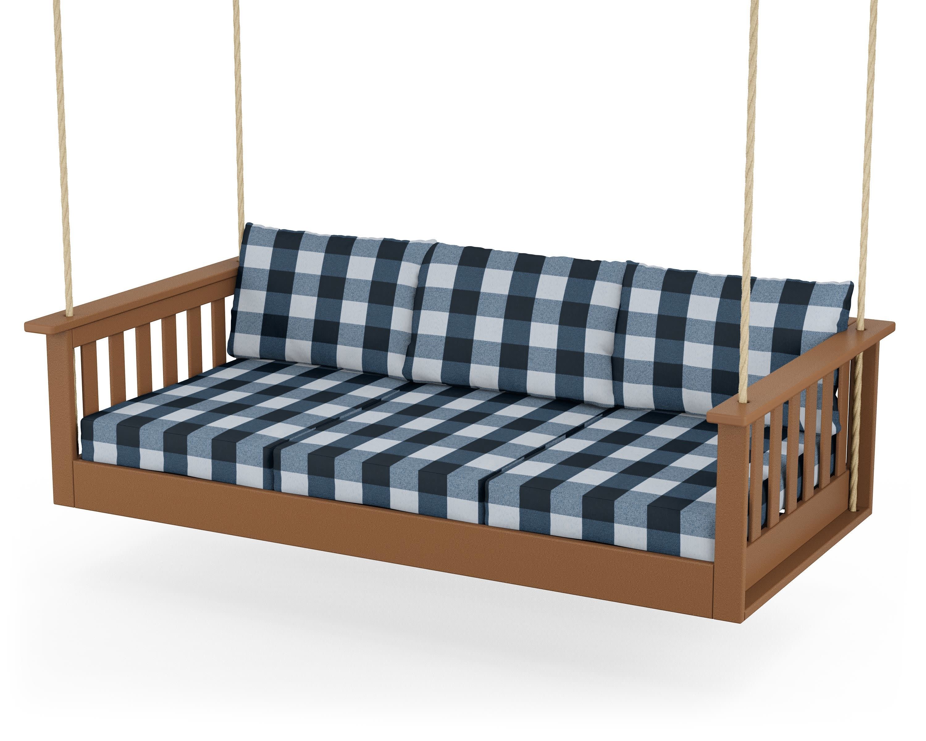 Vineyard Daybed Swing in Teak / Buffalo Plaid Marine Indigo