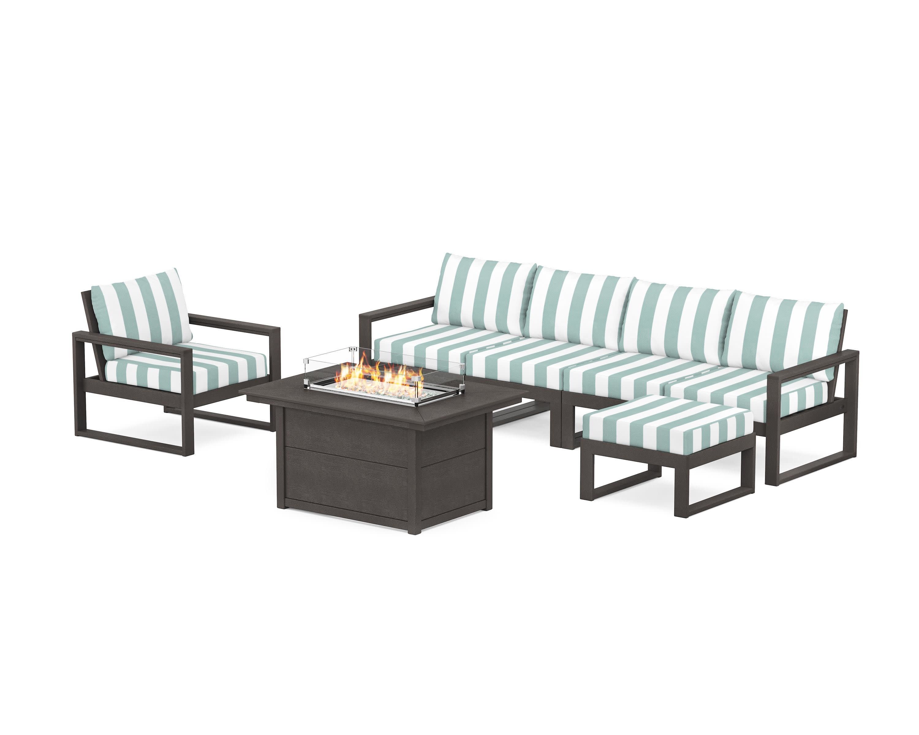 EDGE Sectional Lounge and Fire Pit Set in Vintage Coffee / Cabana Stripe Glacier Spa