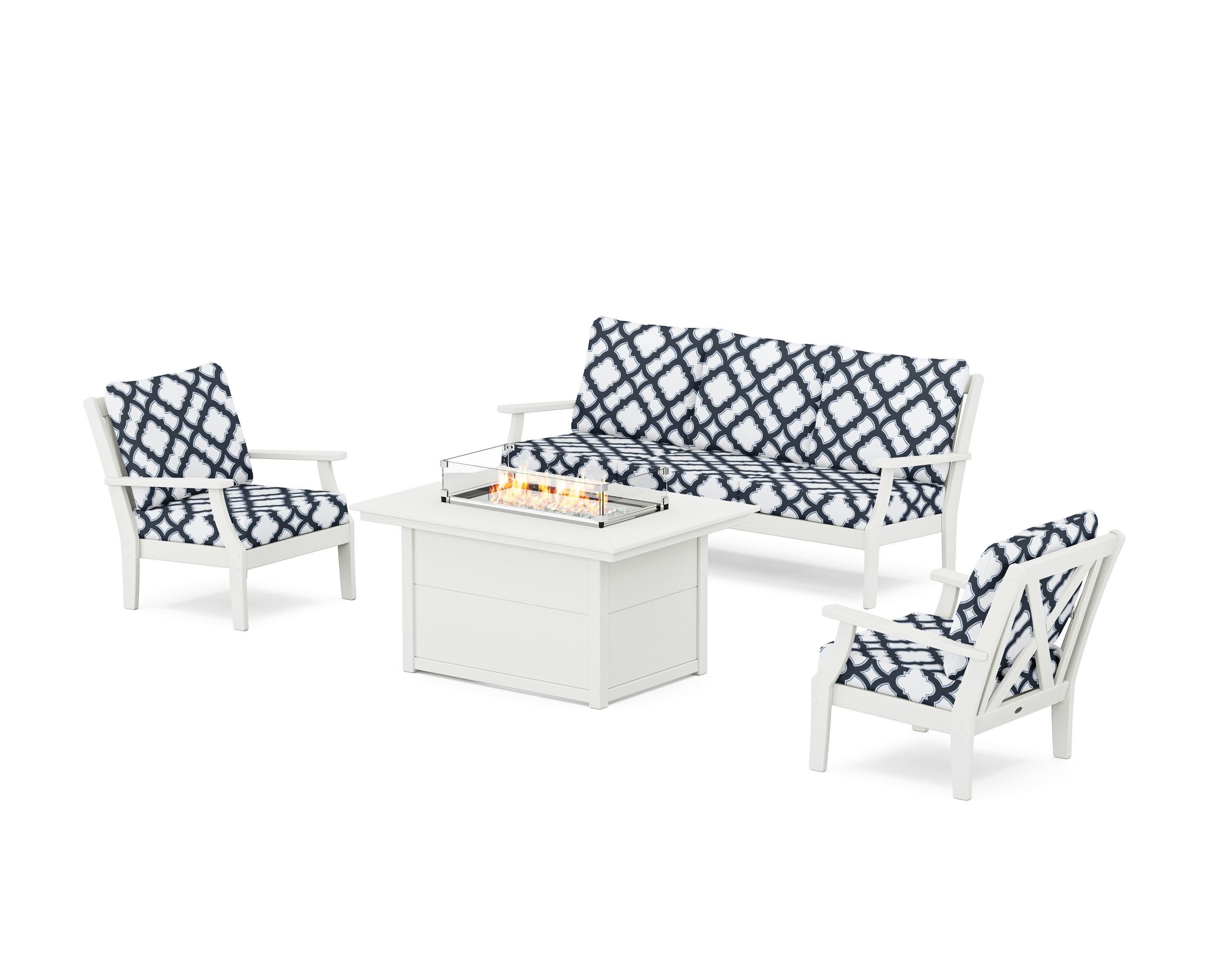 Braxton Deep Seating Fire Pit Table Set in Vintage White / Trellis Marine Indigo