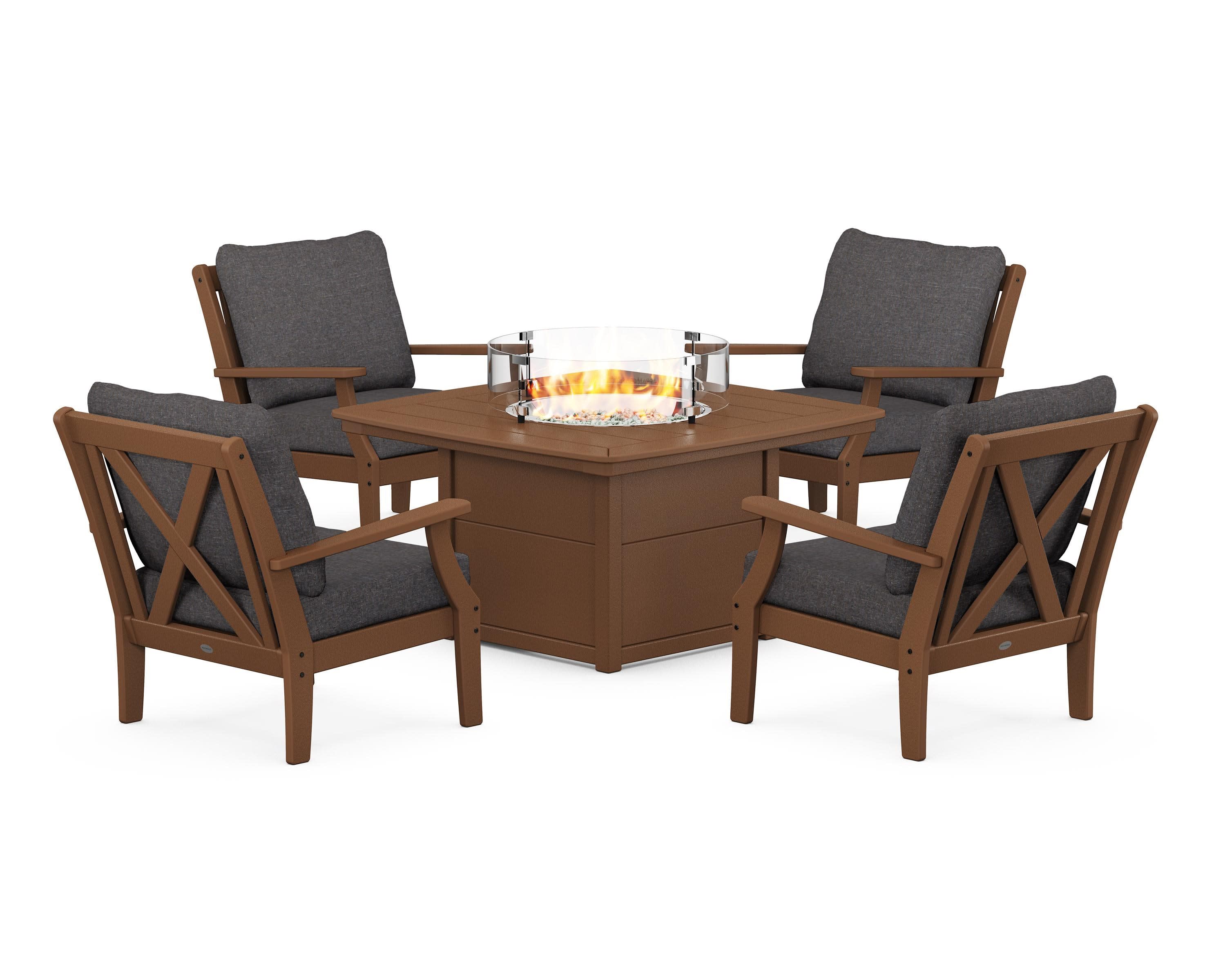 Braxton 5-Piece Deep Seating Conversation Set with Fire Pit Table in Teak / Ash Charcoal
