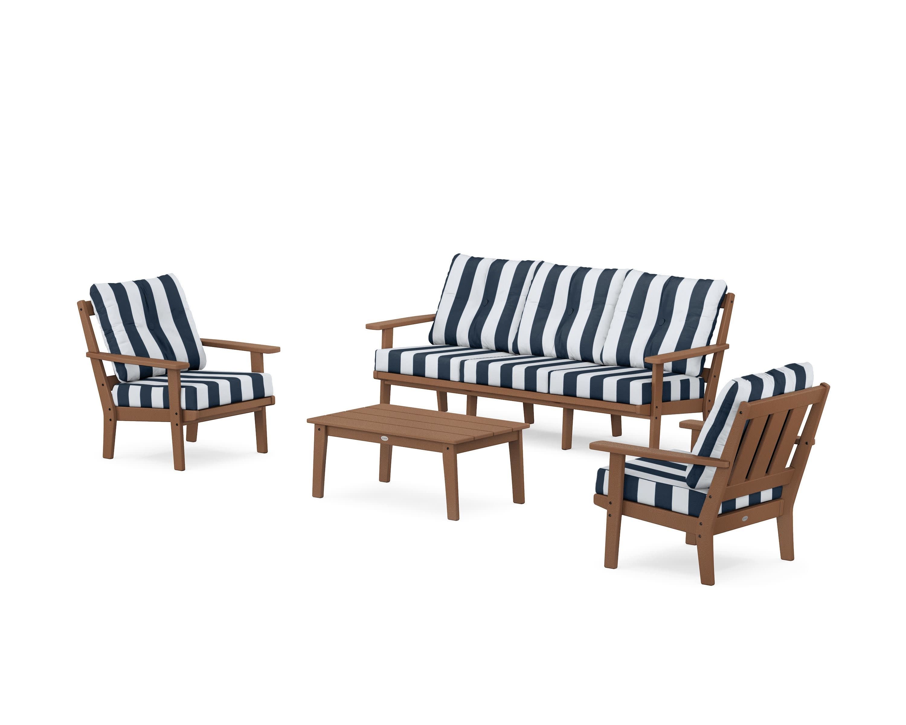 Oxford 4-Piece Deep Seating Set with Sofa in Teak / Cabana Stripe Marine Indigo