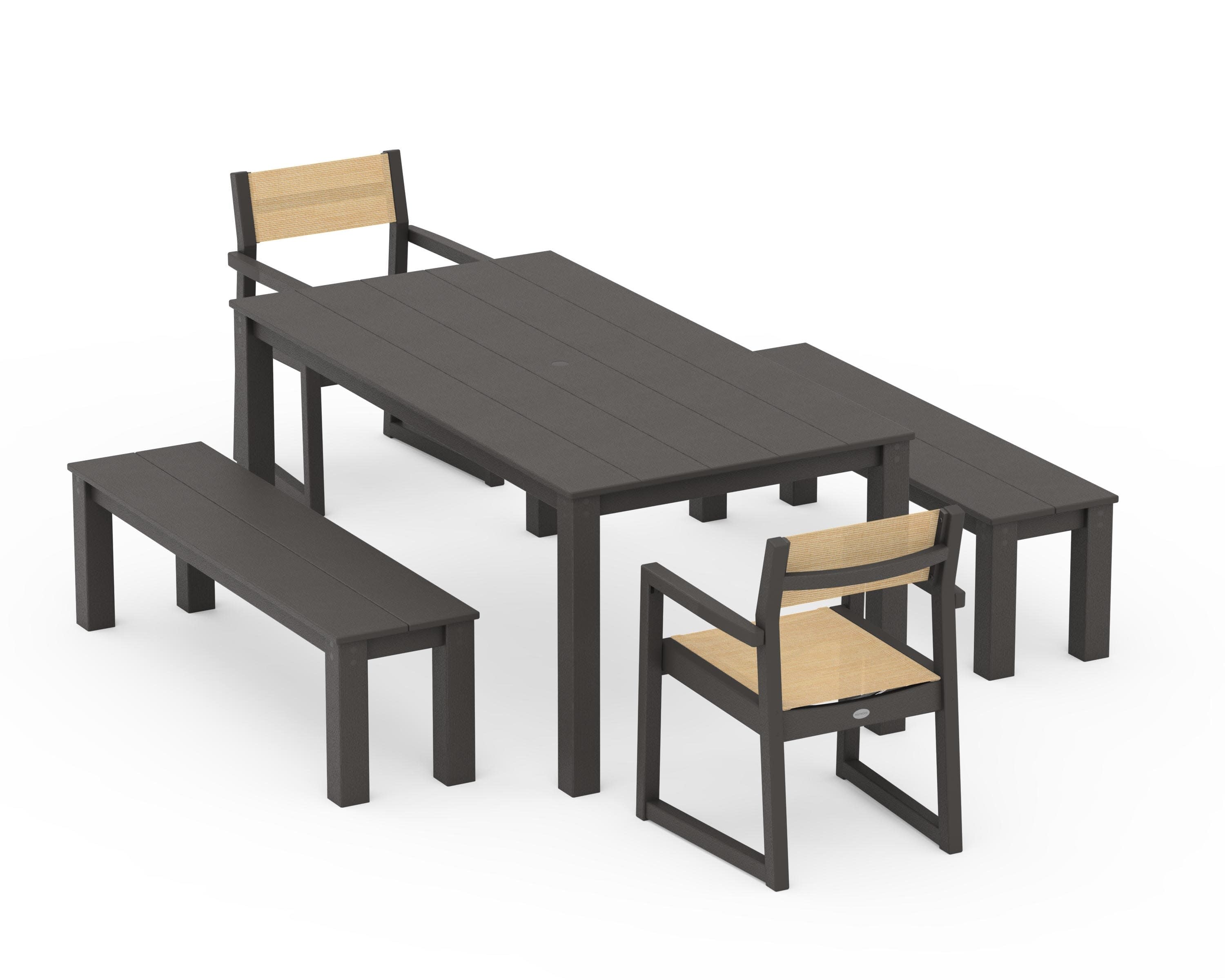 EDGE Sling Arm Chair 5-Piece Parsons Dining Set with Benches in Vintage Coffee / Dupioni Apricot Sling