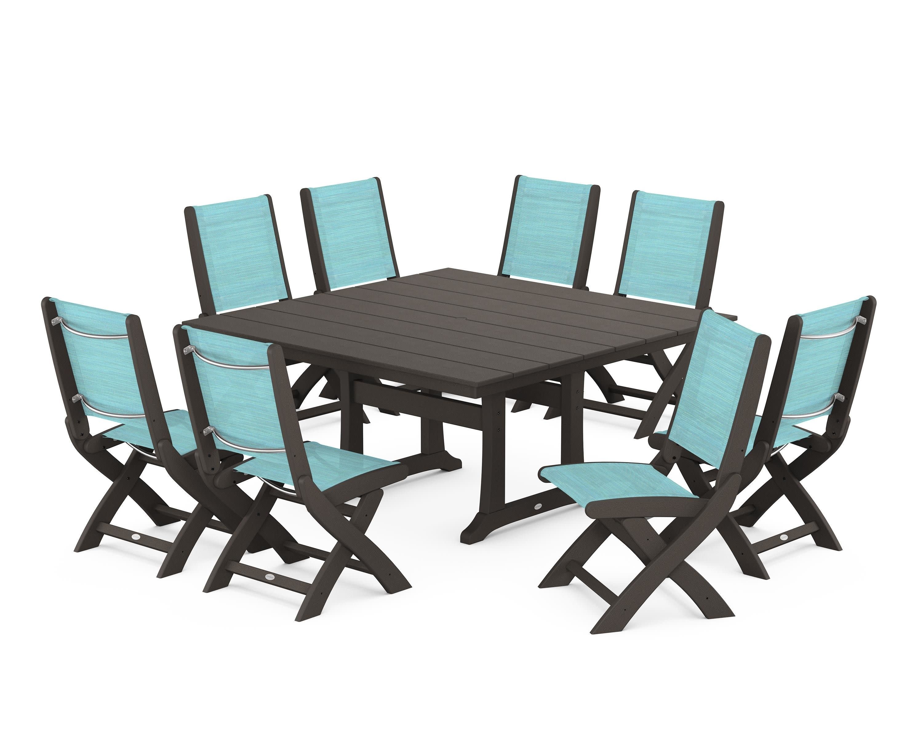 Coastal Folding Side Chair 9-Piece Farmhouse Dining Set in Vintage Coffee / Dupioni Aquamarine Sling