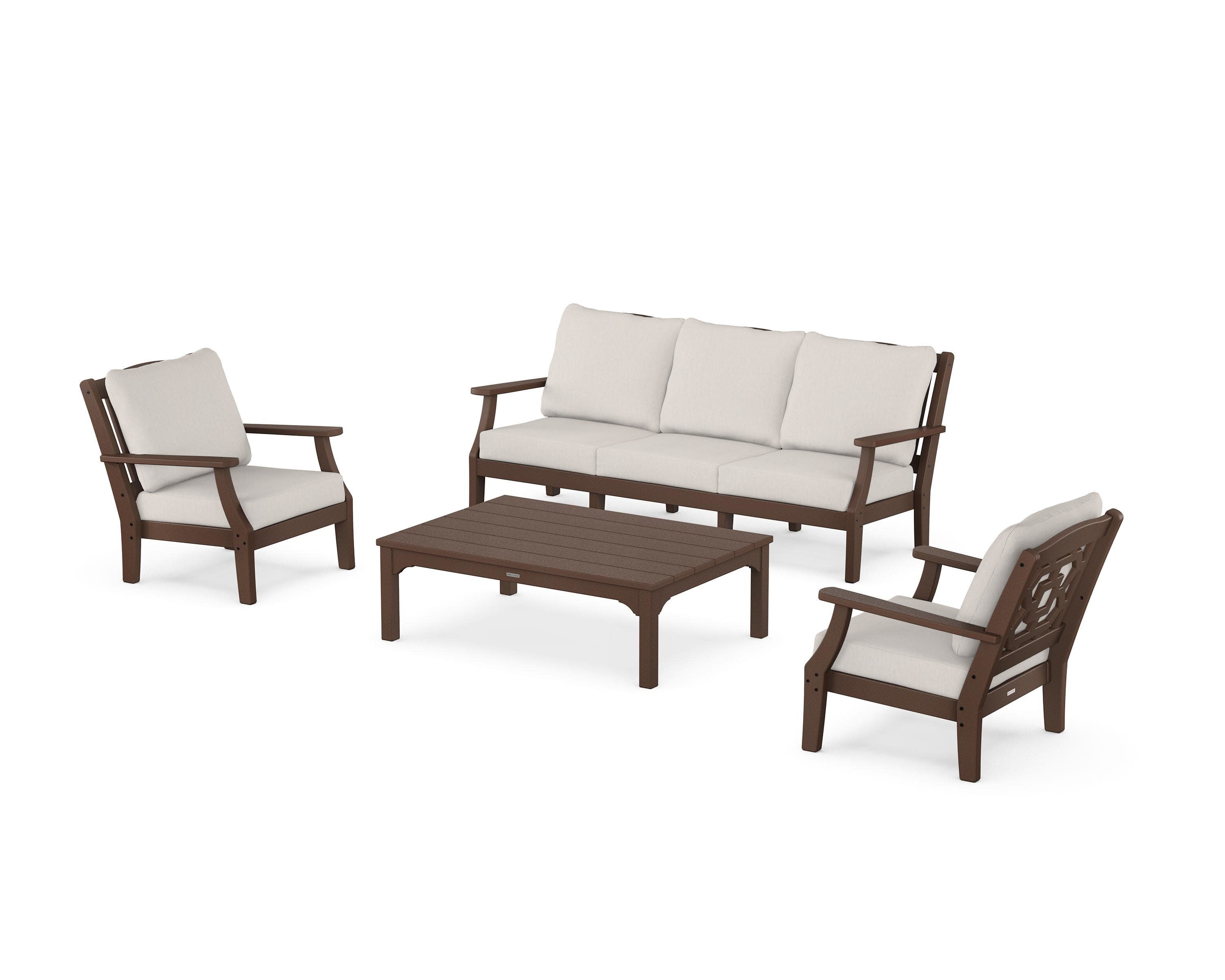 Chinoiserie 4-Piece Deep Seating Set with Sofa in Mahogany / Cast Ash