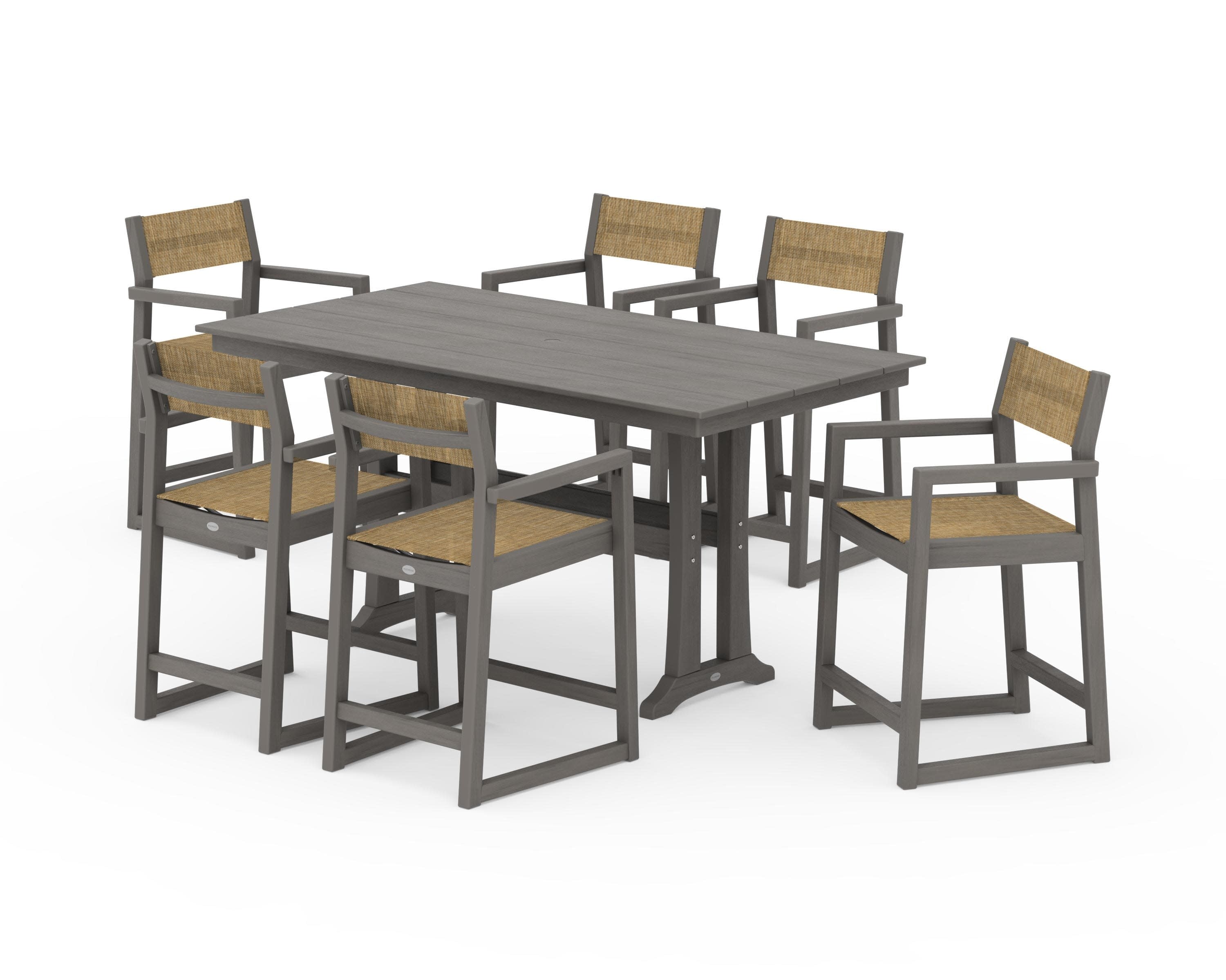 EDGE Sling Arm Chair 7-Piece Farmhouse Counter Set with Trestle Legs in Driftwood / Burlap Sling