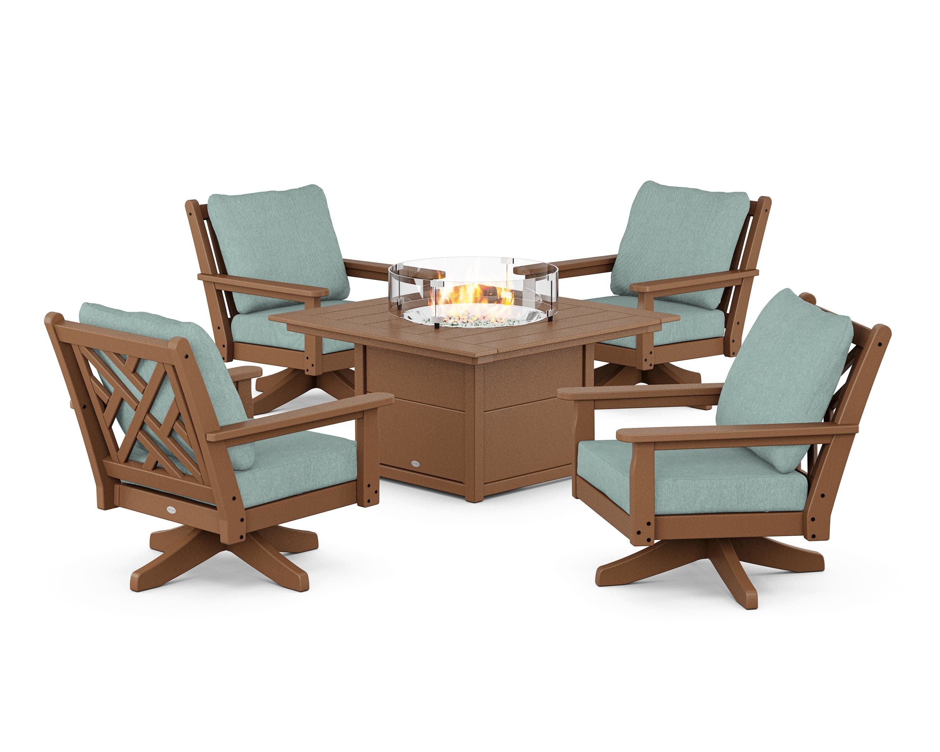 Chippendale 5-Piece Deep Seating Swivel Conversation Set with Fire Pit Table in Teak / Glacier Spa