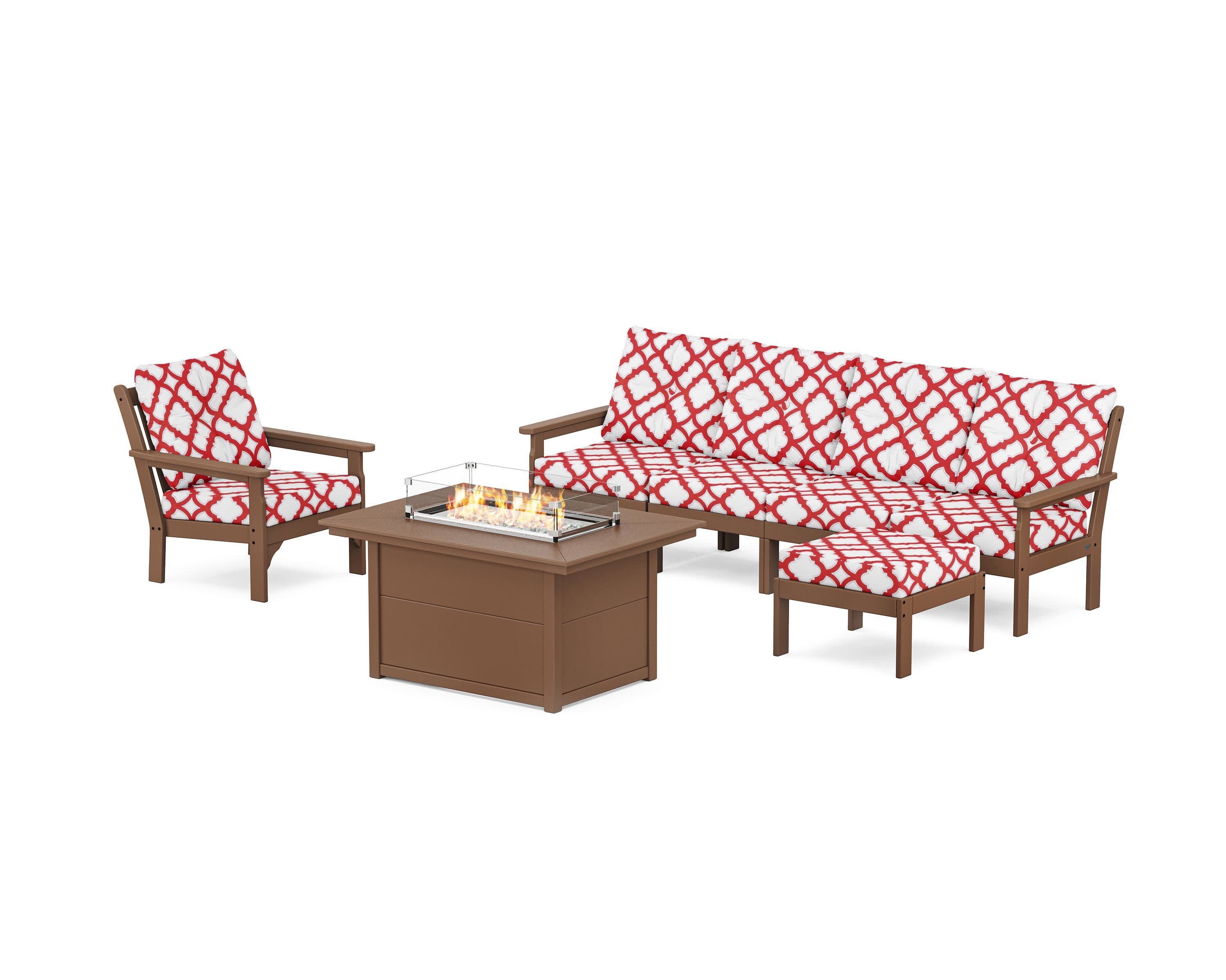 Vineyard Sectional Lounge and Fire Pit Set in Teak / Trellis Crimson