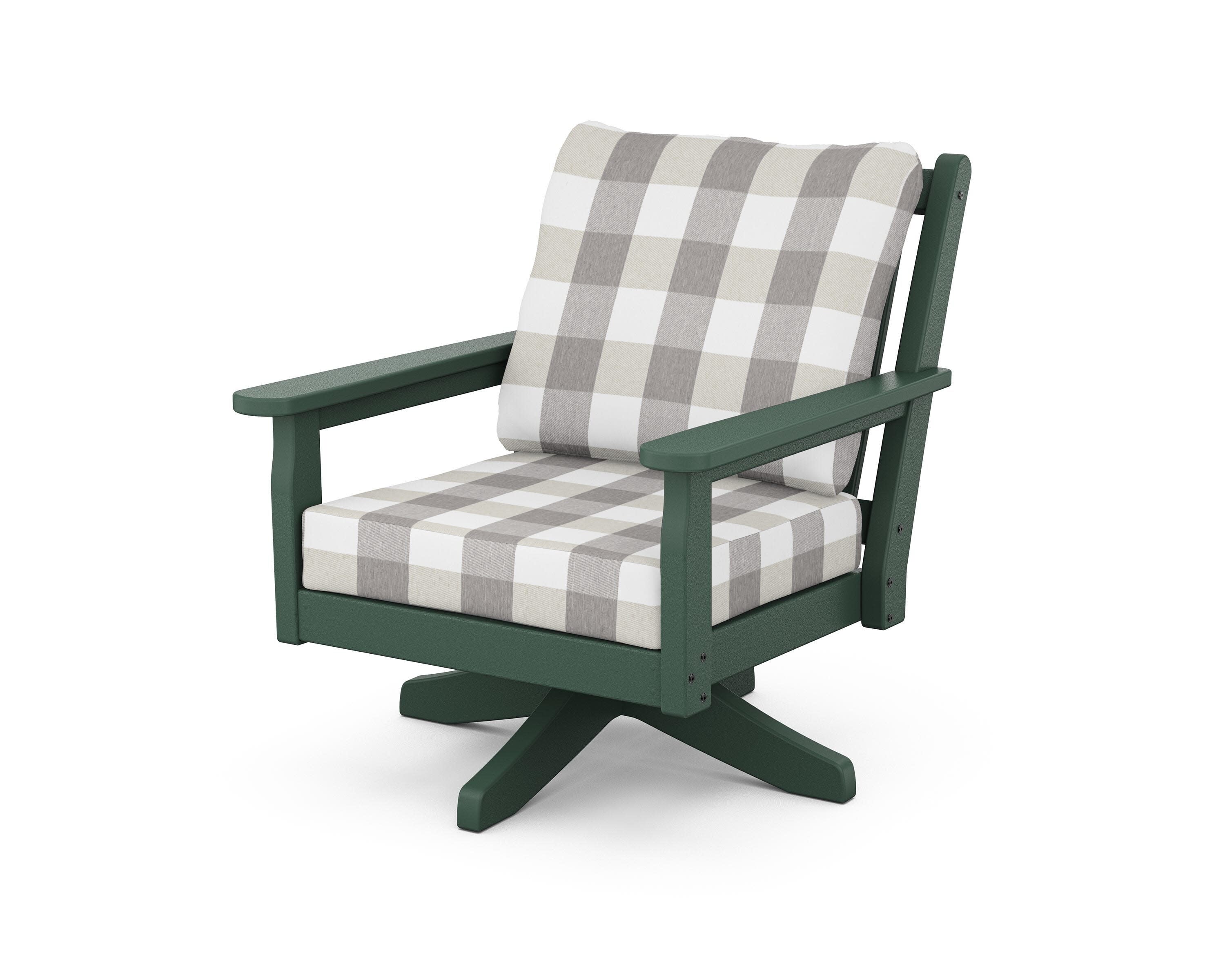 Chippendale Deep Seating Swivel Chair in Green / Buffalo Plaid Grey Mist