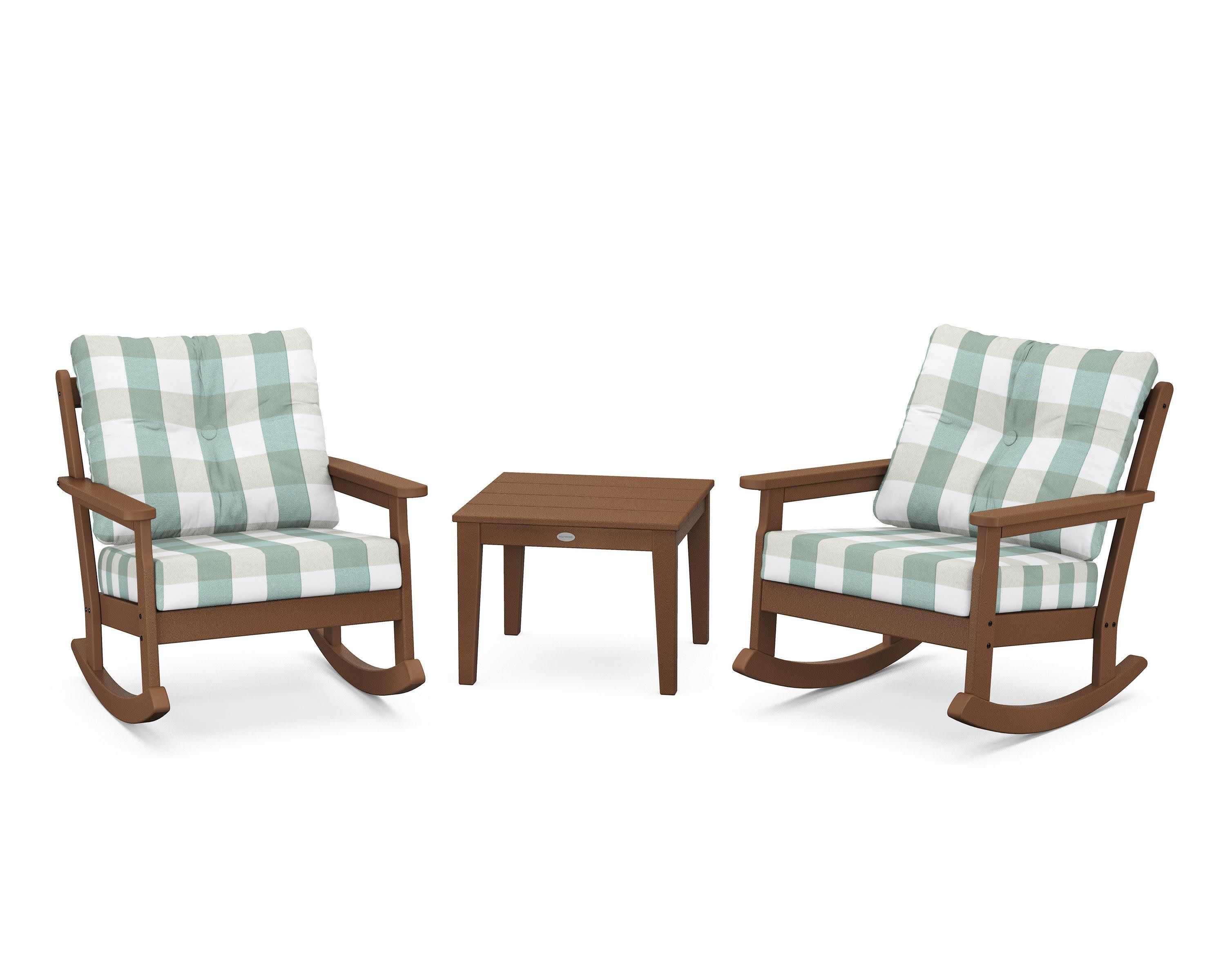 Vineyard 3-Piece Deep Seating Rocker Set in Teak / Buffalo Plaid Glacier Spa