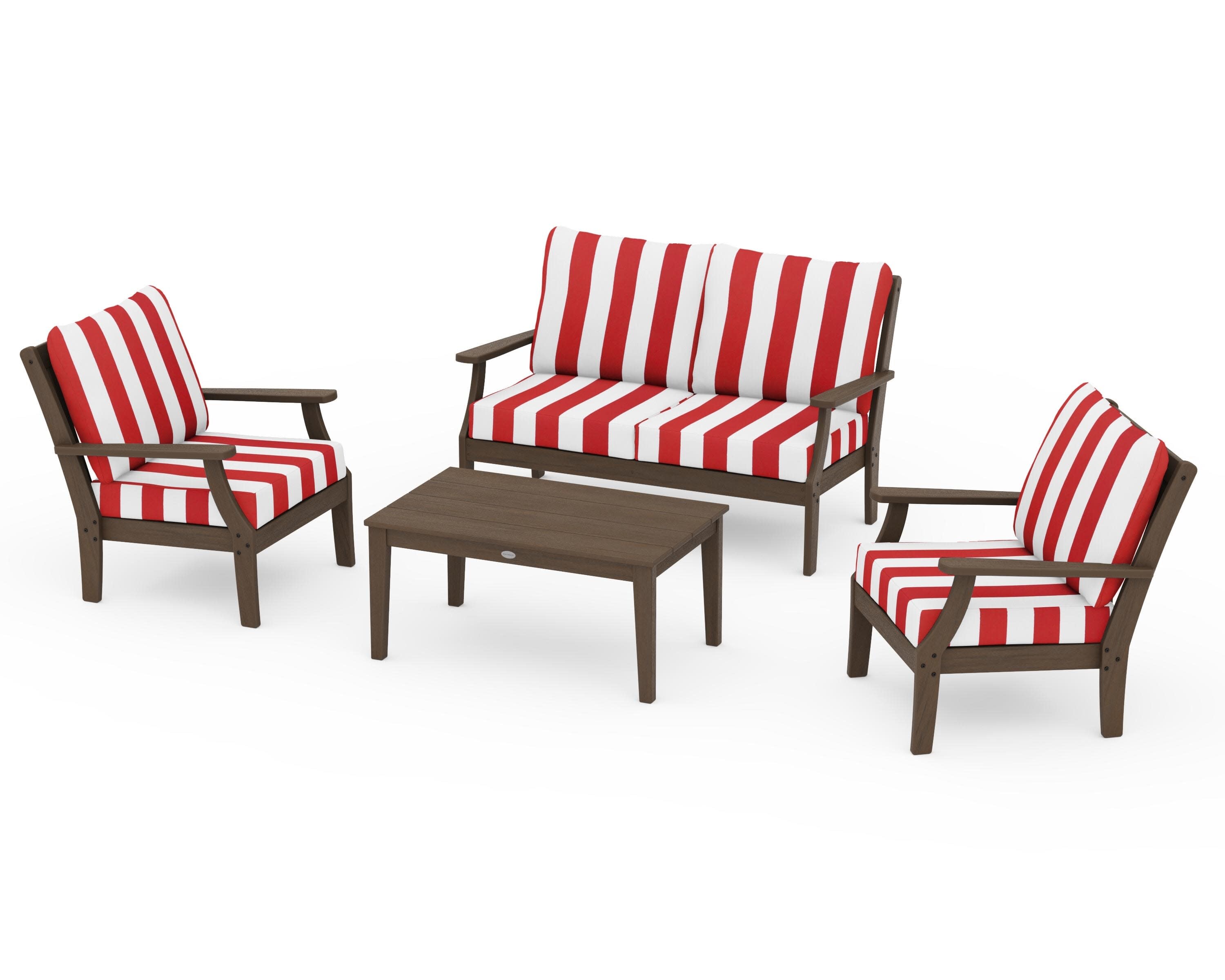 Braxton 4-Piece Deep Seating Chair Set in Kona / Cabana Stripe Crimson
