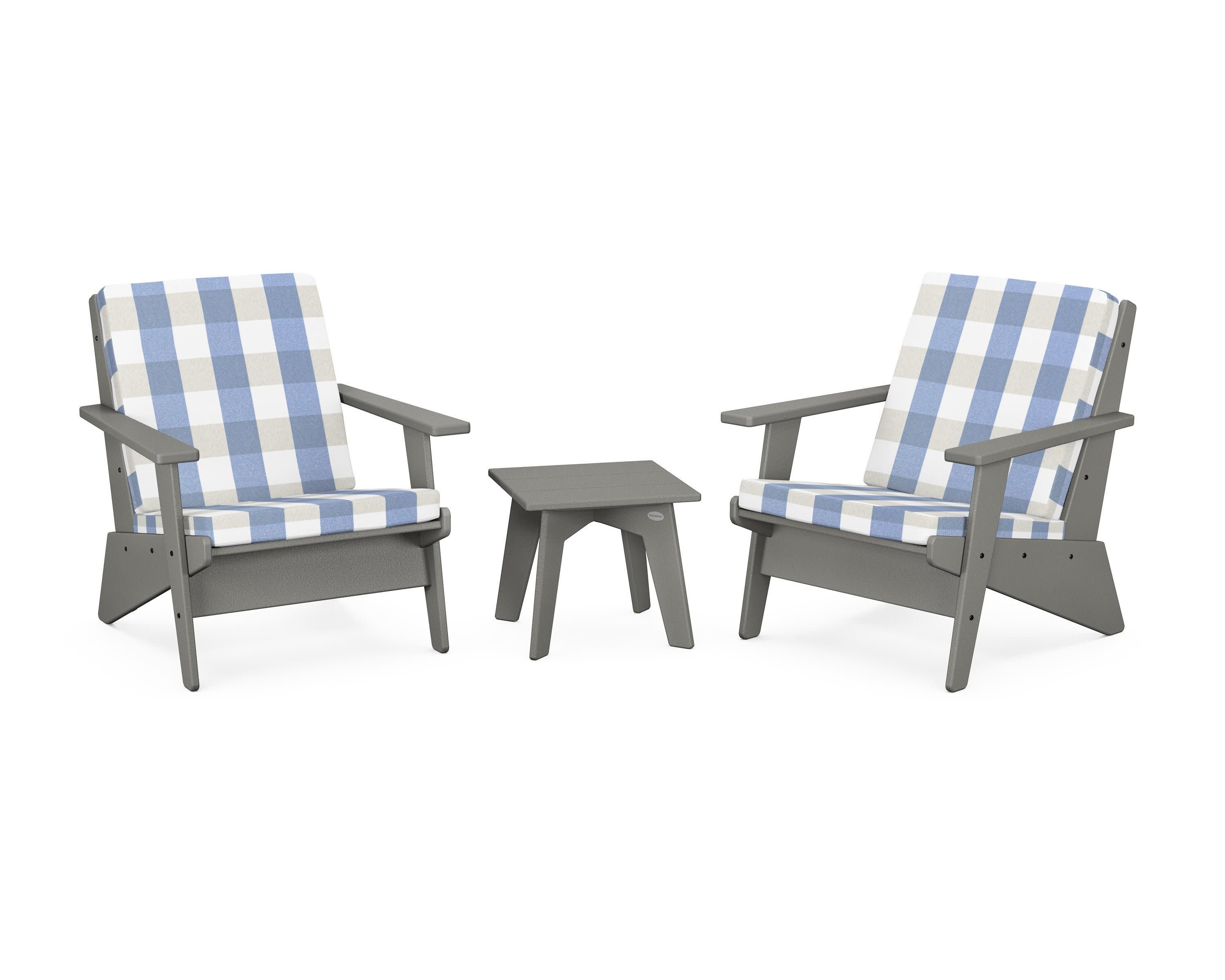 Riviera Modern Lounge 3-Piece Set in Slate Grey / Buffalo Plaid Sky Blue