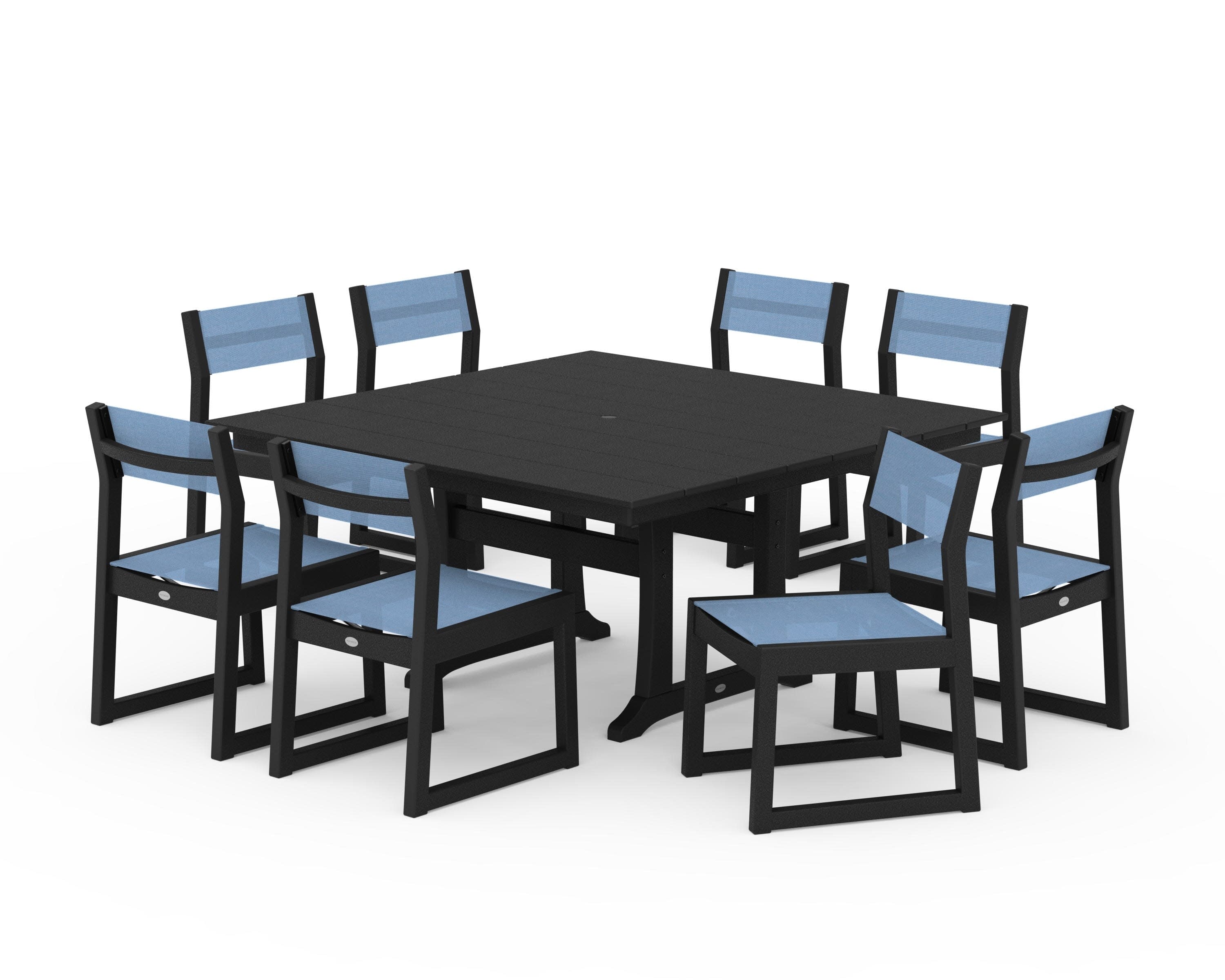 EDGE Sling Side Chair 9-Piece Farmhouse Trestle Dining Set in Black / Poolside Sling