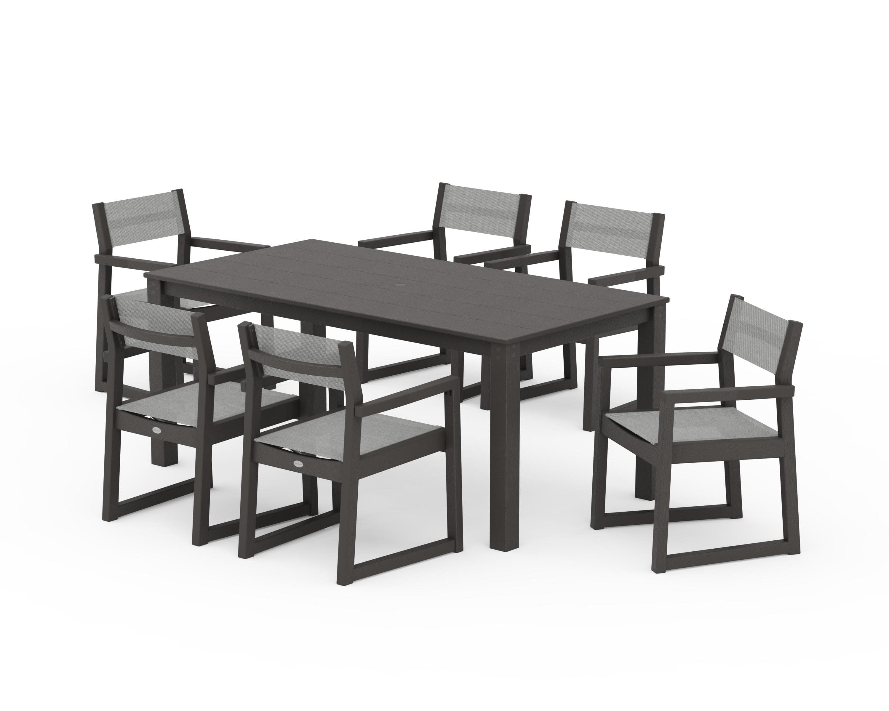 EDGE Sling Arm Chair 7-Piece Parsons Dining Set in Vintage Coffee / Metallic Sling