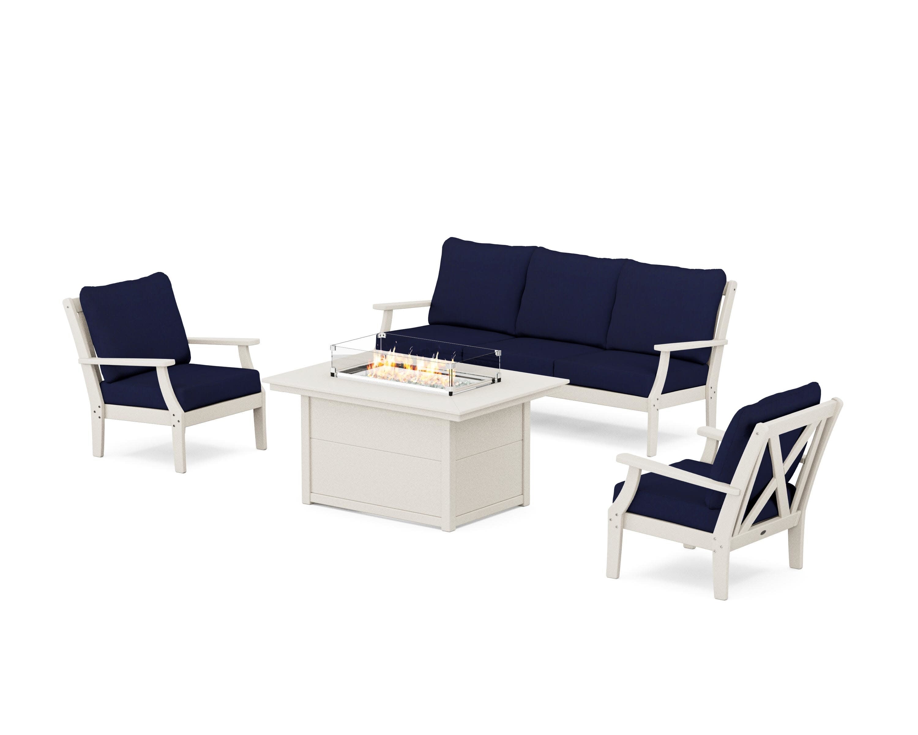 Braxton Deep Seating Fire Pit Table Set in Sand / Navy