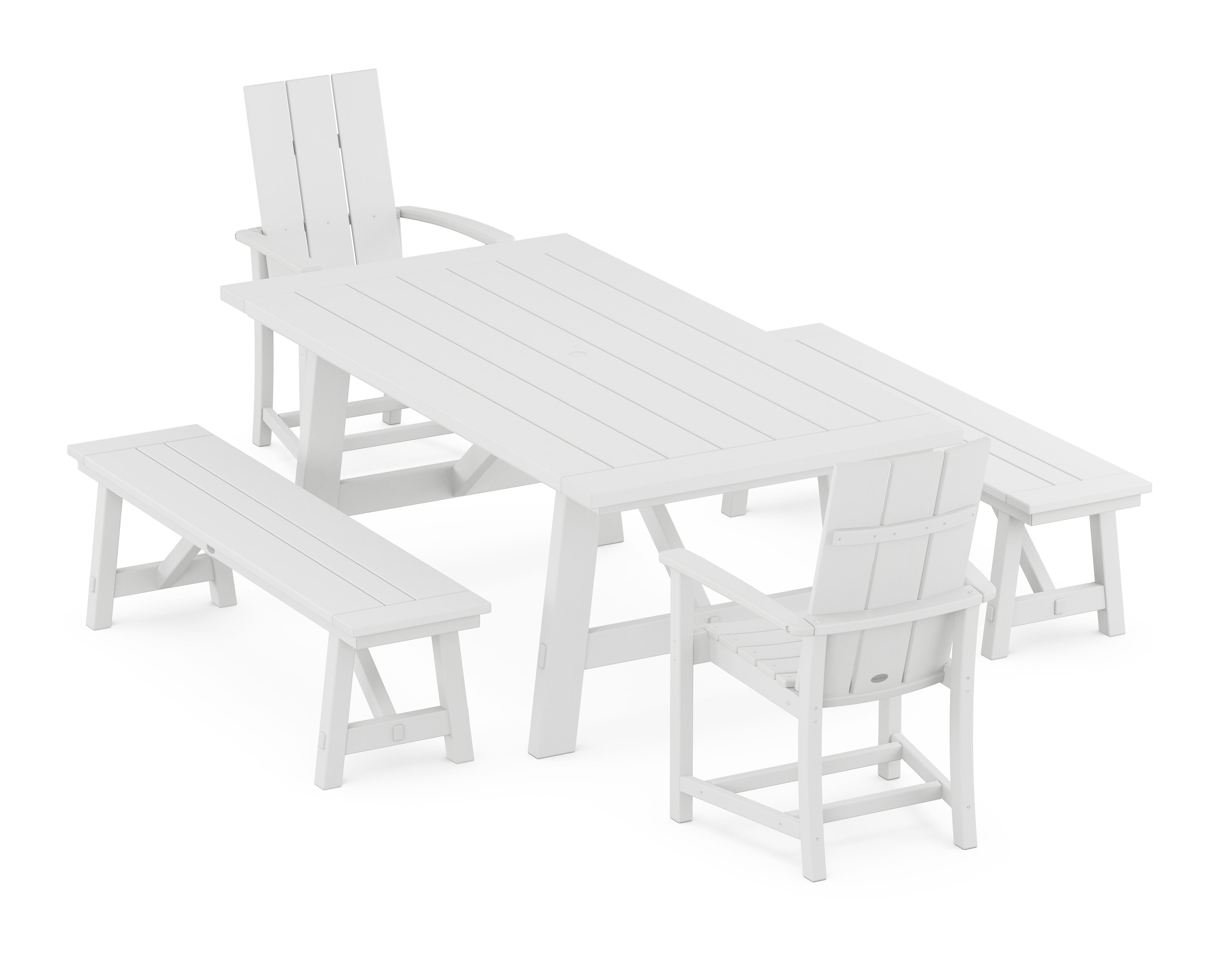 Modern Adirondack 5-Piece Rustic Farmhouse Dining Set With Benches in White