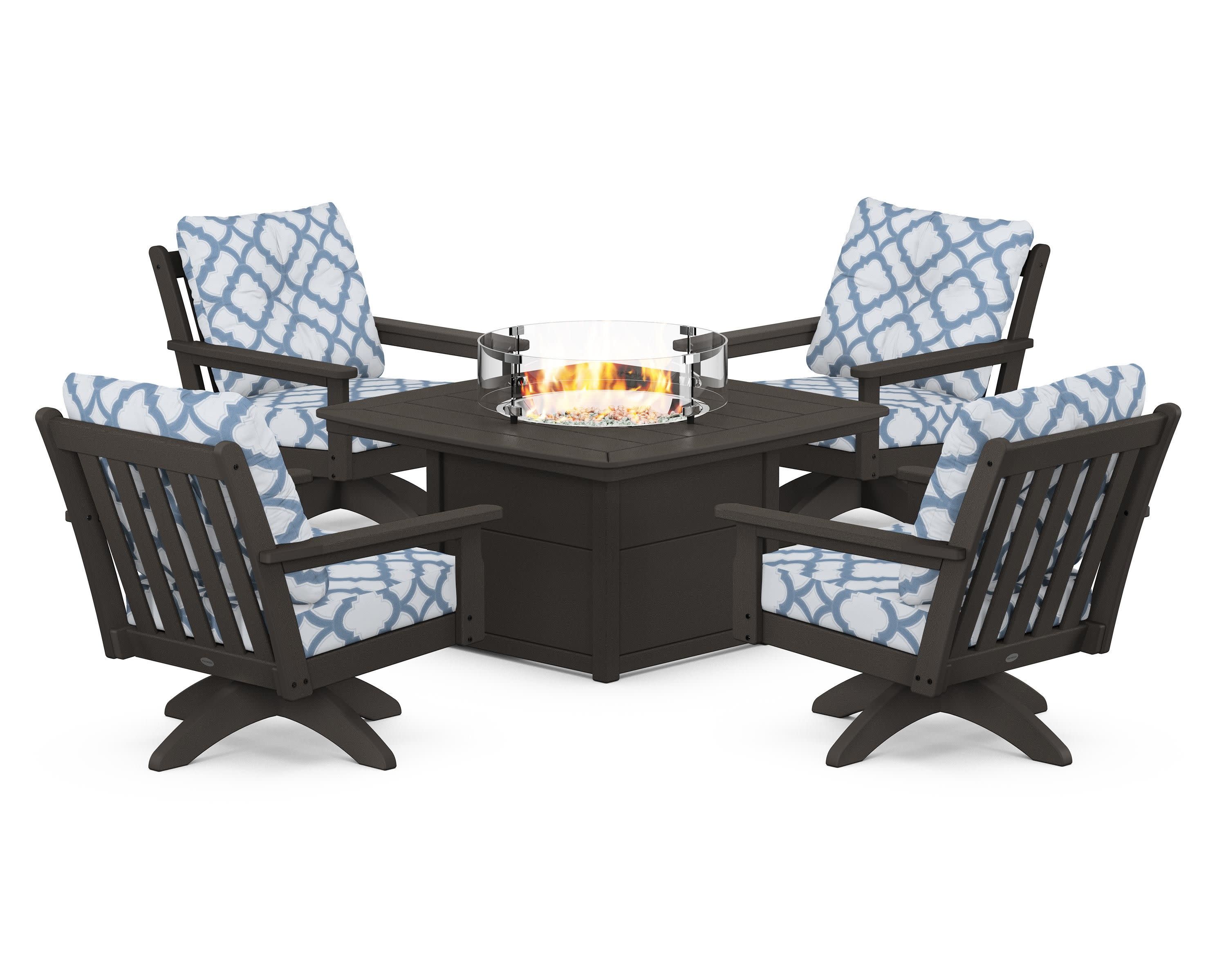 Vineyard 5-Piece Deep Seating Swivel Conversation Set with Fire Pit Table in Vintage Coffee / Trellis Sky Blue
