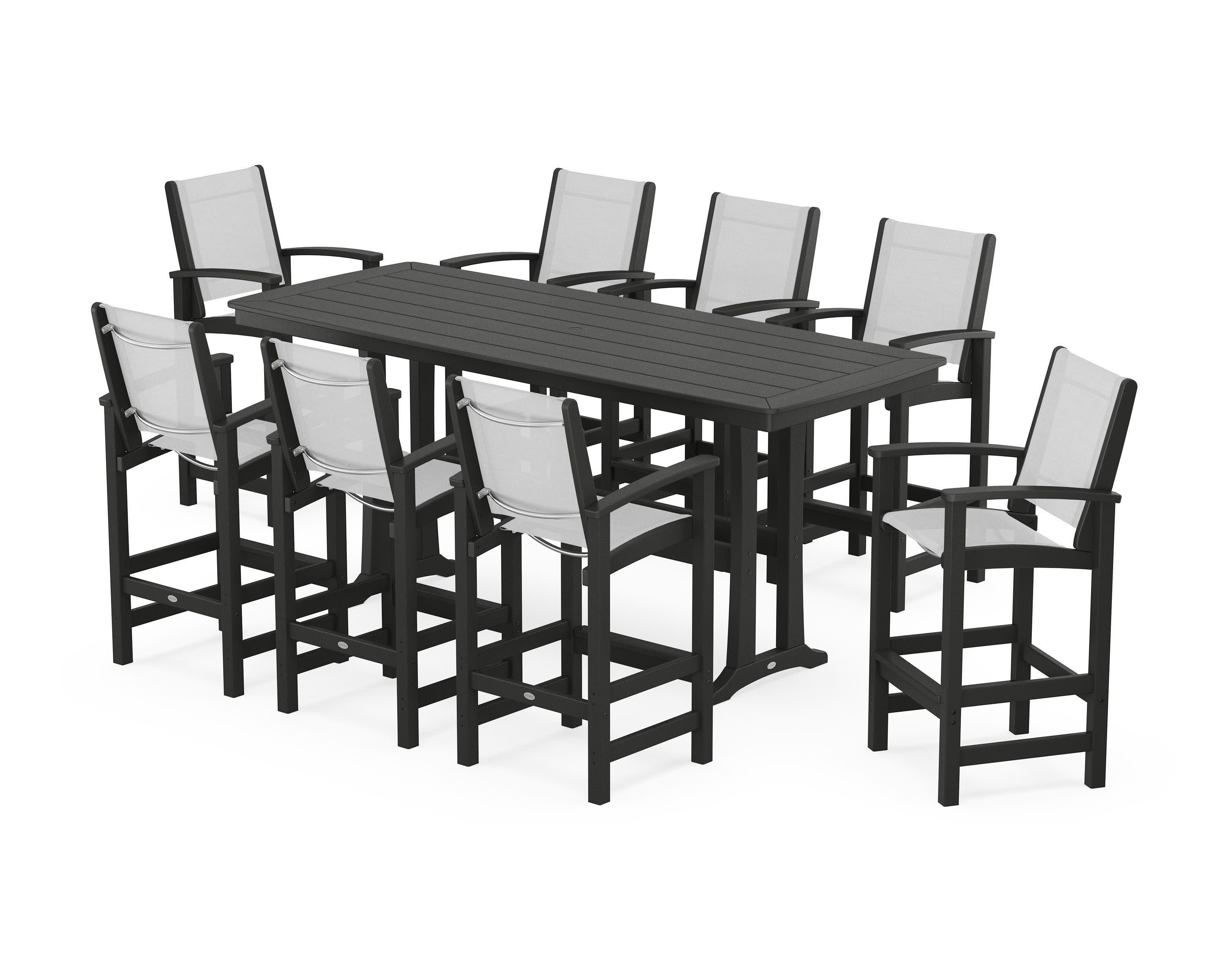 Coastal 9-Piece Bar Set with Trestle Legs in Black / White Sling