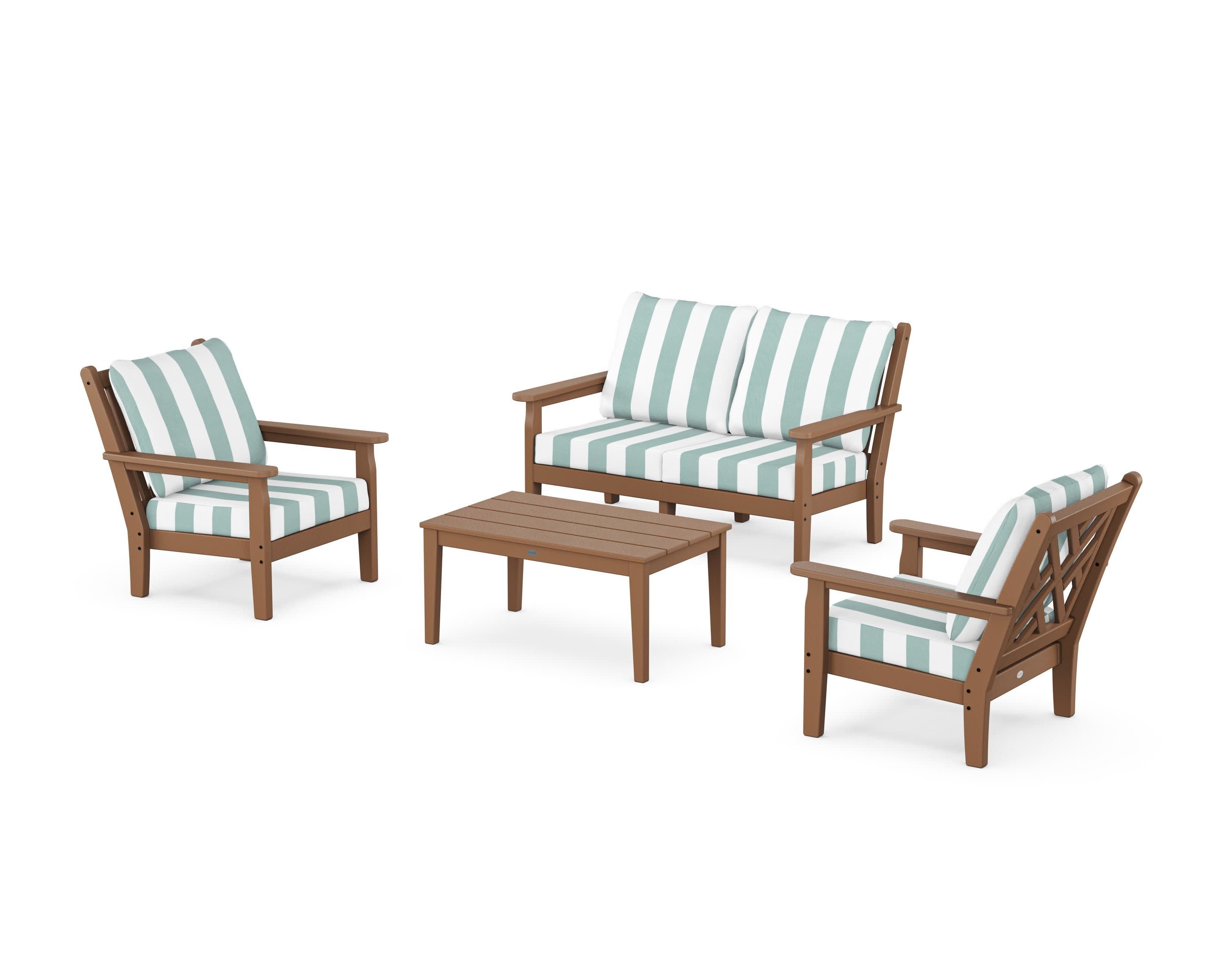 Chippendale 4-Piece Deep Seating Set with Loveseat in Teak / Cabana Stripe Glacier Spa