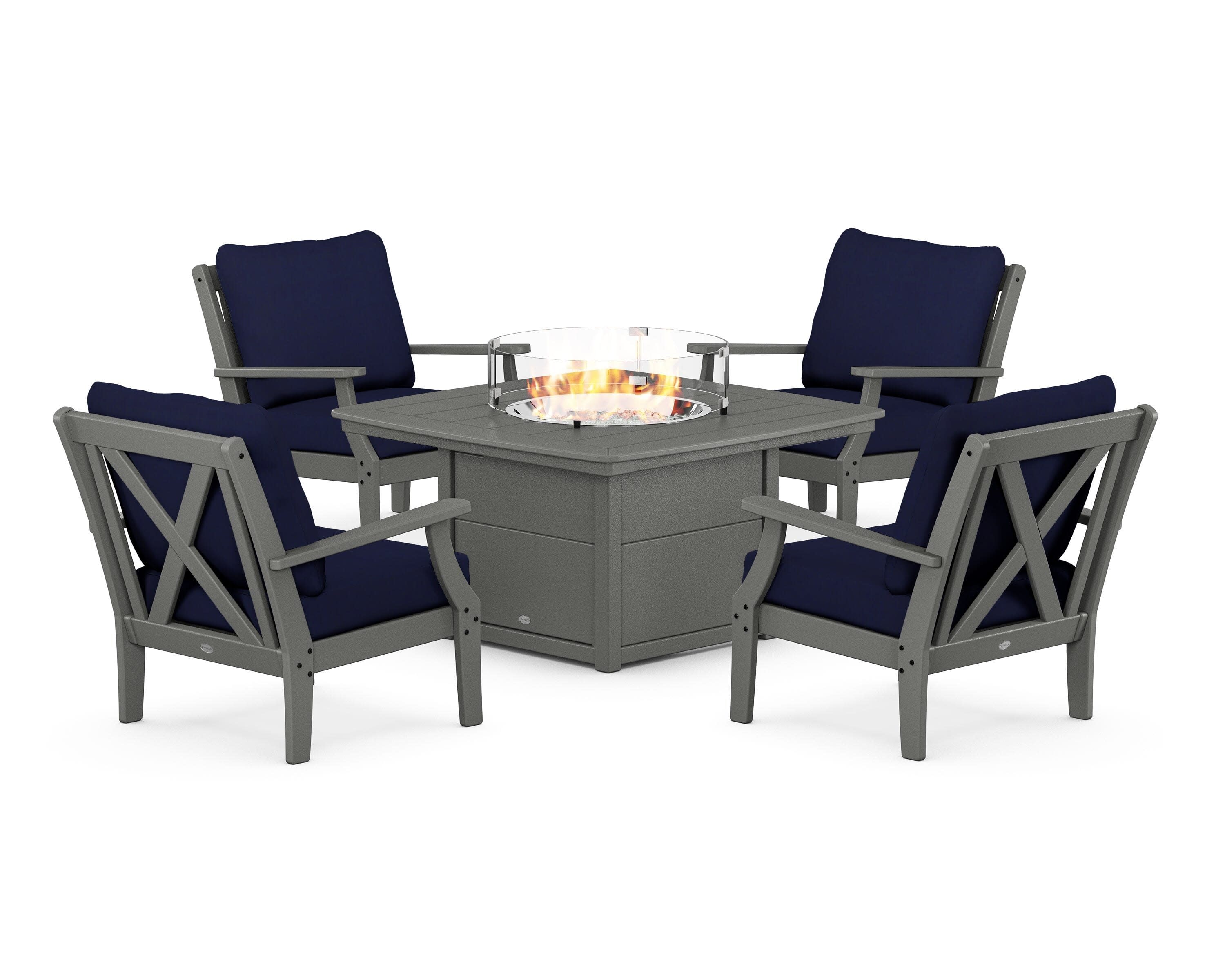 Braxton 5-Piece Deep Seating Conversation Set with Fire Pit Table in Slate Grey / Navy