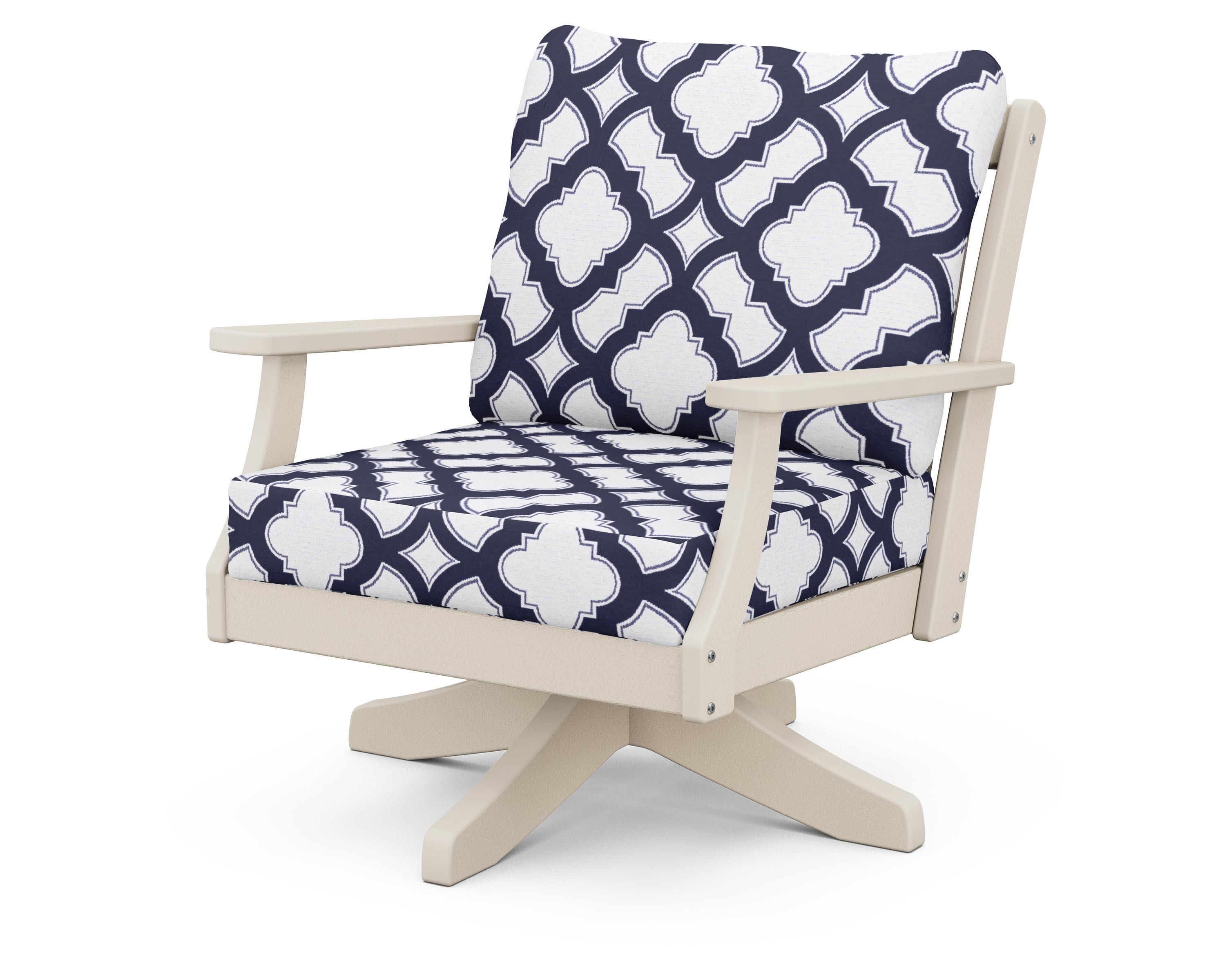 Braxton Deep Seating Swivel Chair in Sand / Trellis Navy