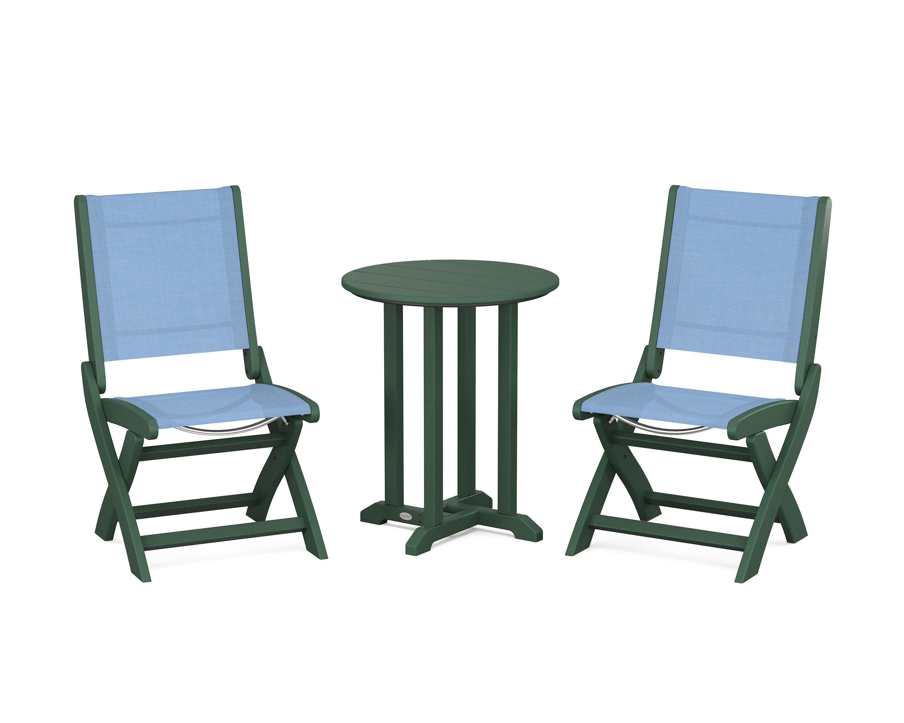 Coastal Folding Side Chair 3-Piece Round Bistro Dining Set in Green / Poolside Sling