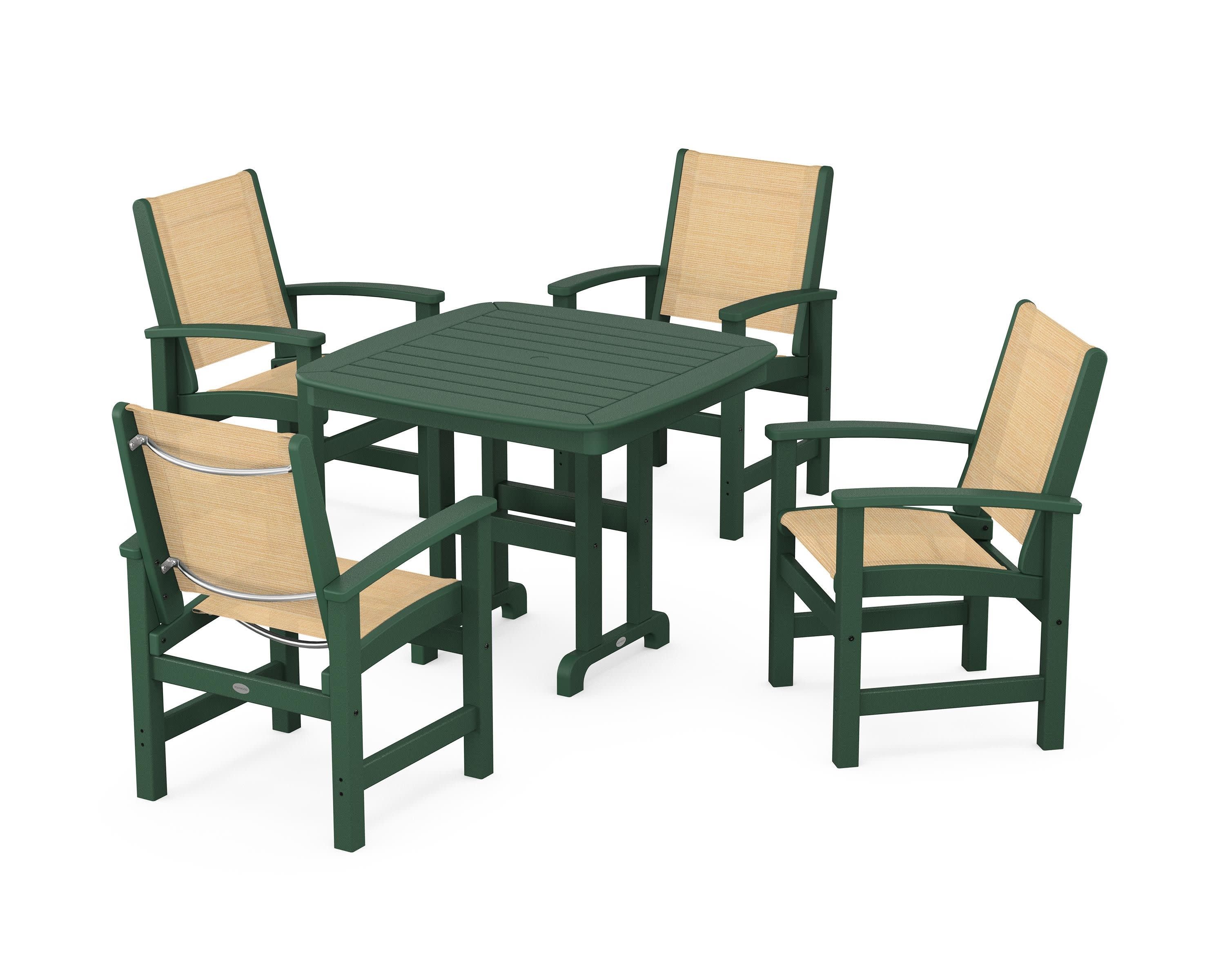Coastal 5-Piece Dining Set in Green / Dupioni Apricot Sling