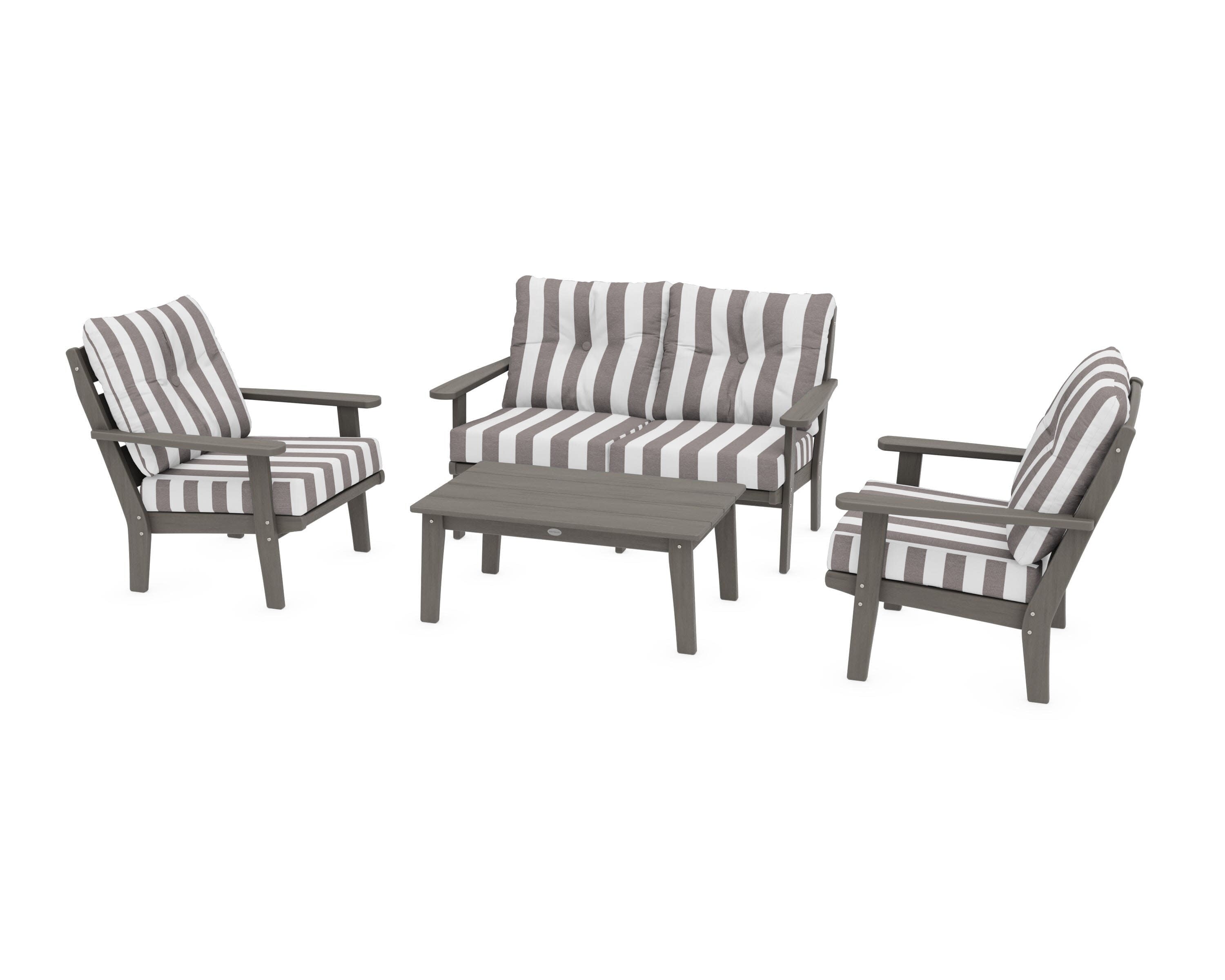 Lakeside 4-Piece Deep Seating Set in Driftwood / Cabana Stripe Grey Mist