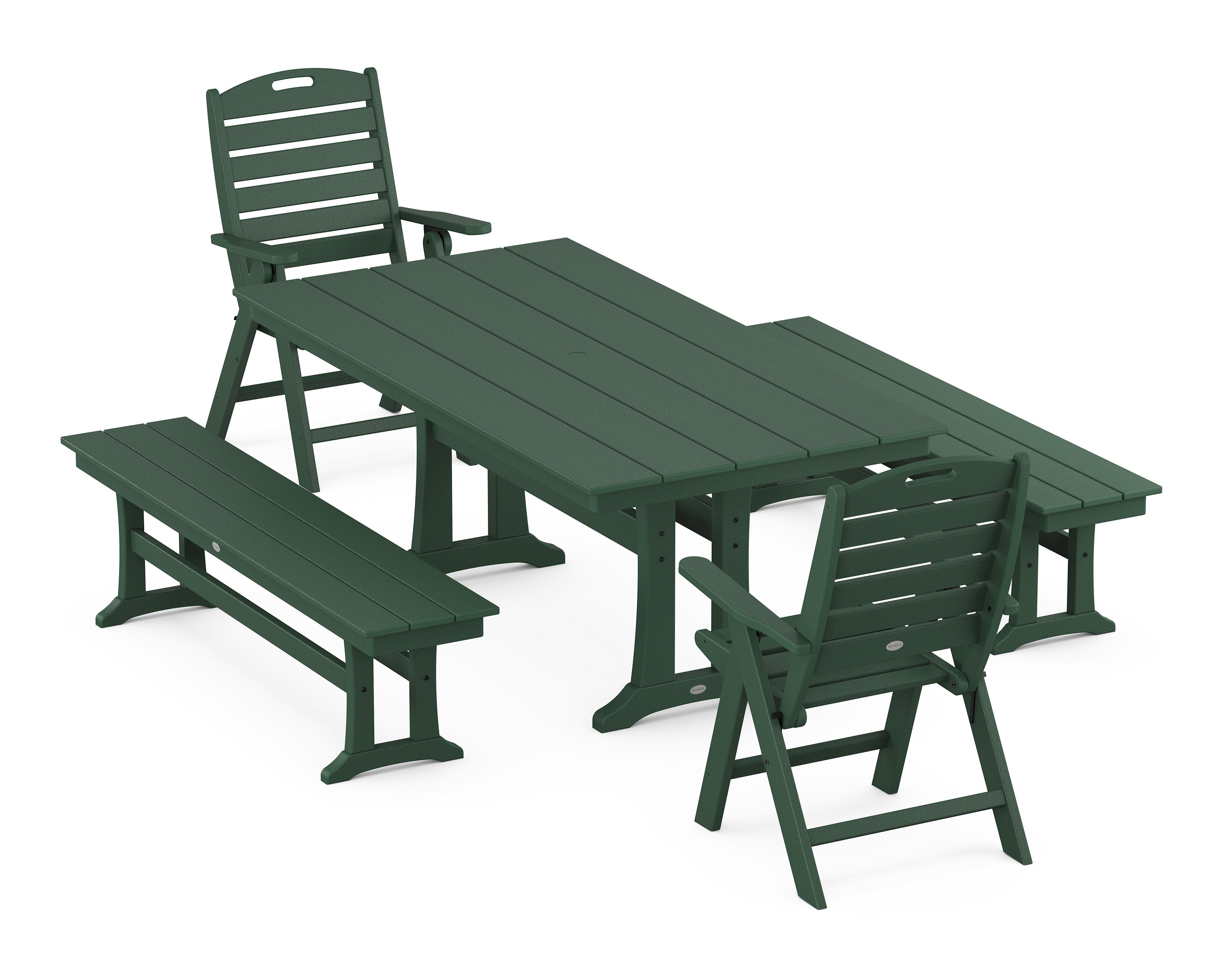 Nautical Folding Highback Chair 5-Piece Farmhouse Dining Set With Trestle Legs and Benches in Green