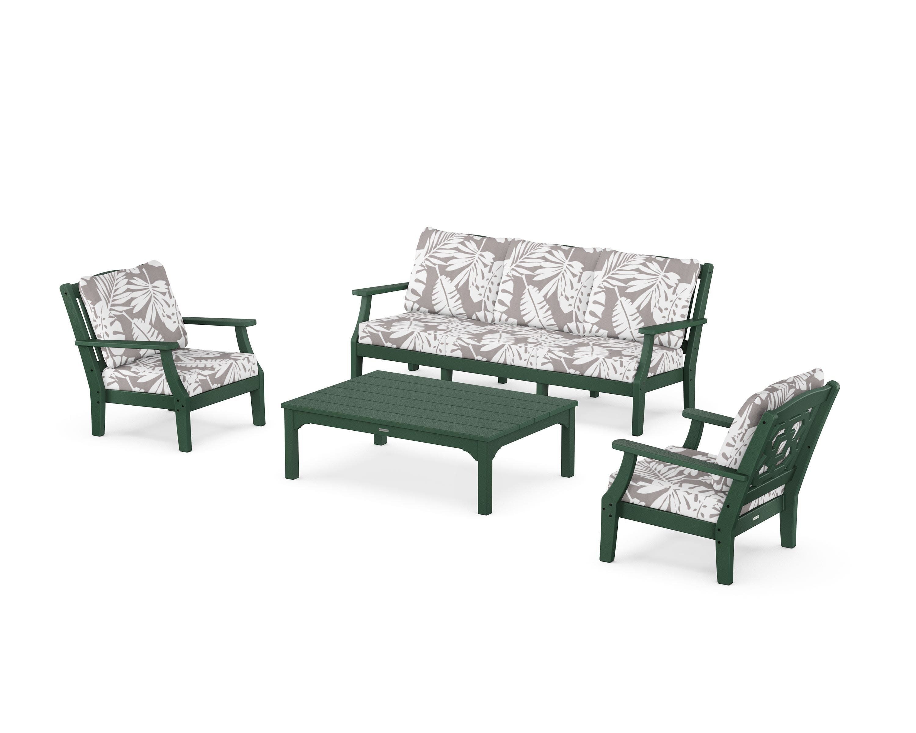 Chinoiserie 4-Piece Deep Seating Set with Sofa in Green / Leaf Grey Mist