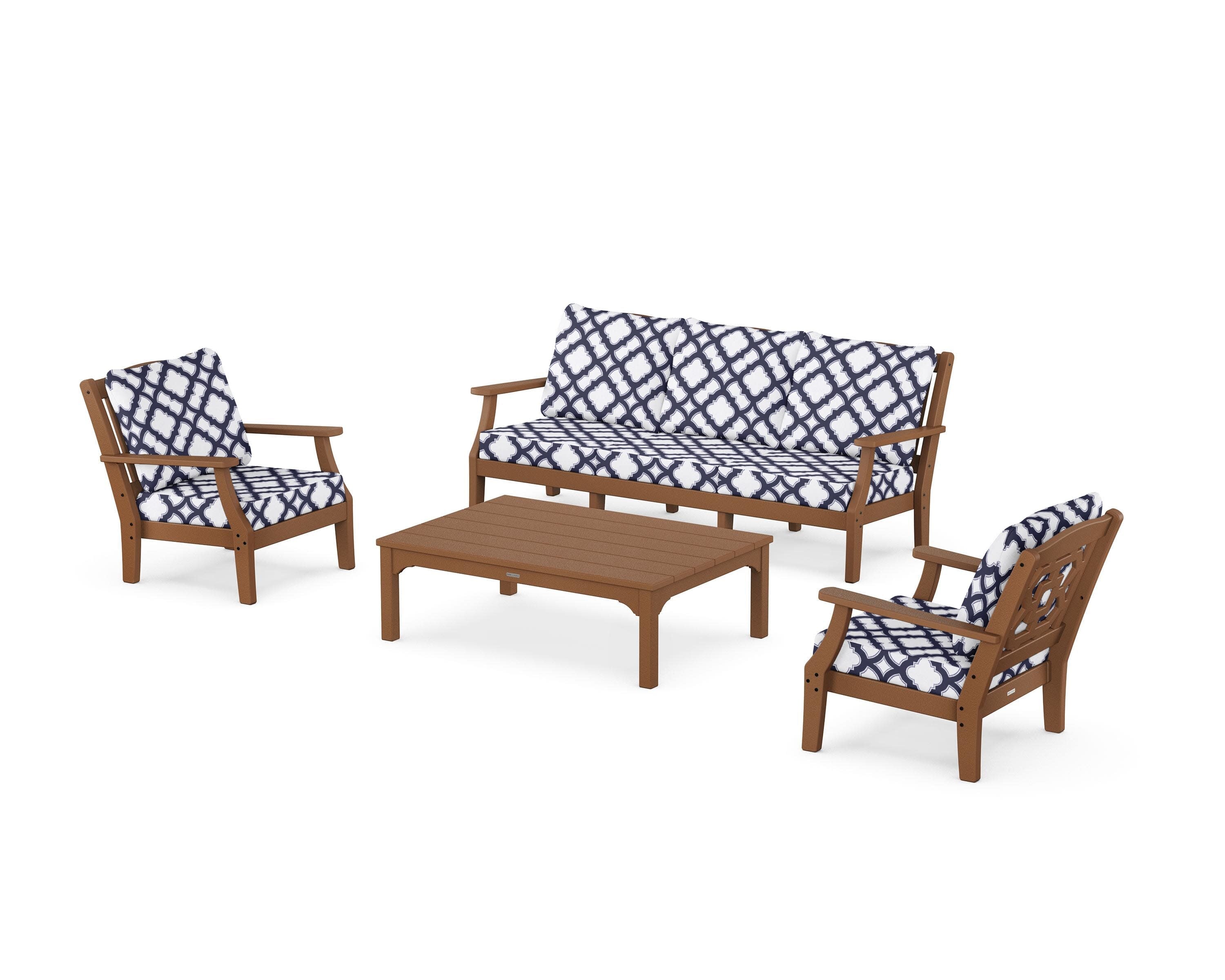Chinoiserie 4-Piece Deep Seating Set with Sofa in Teak / Trellis Navy