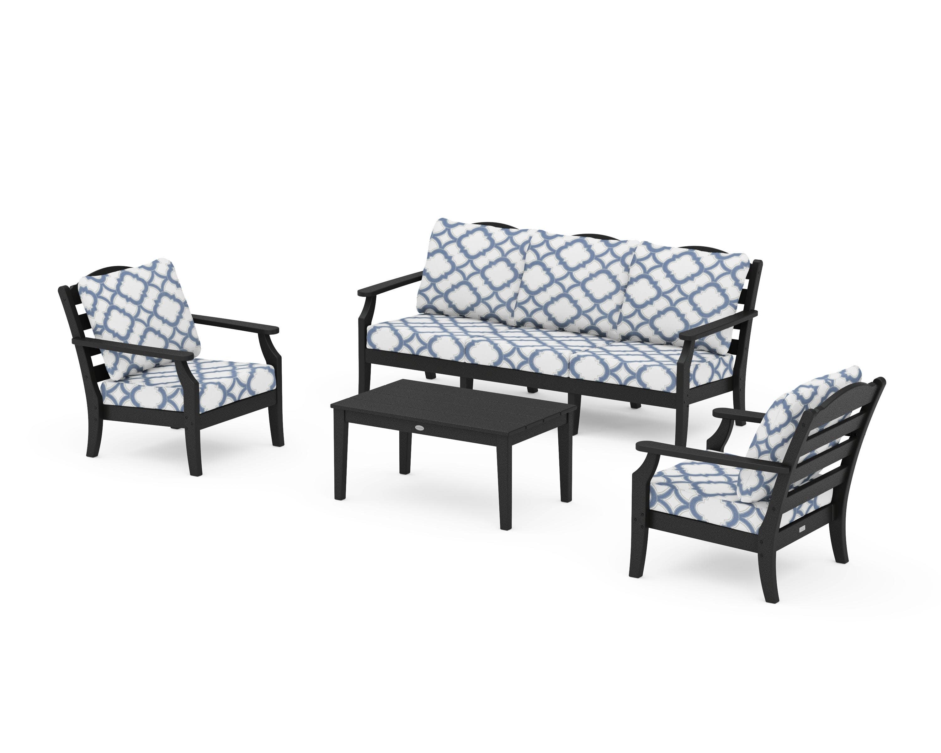Savannah 4-Piece Deep Seating Set with Sofa in Black / Trellis Sky Blue