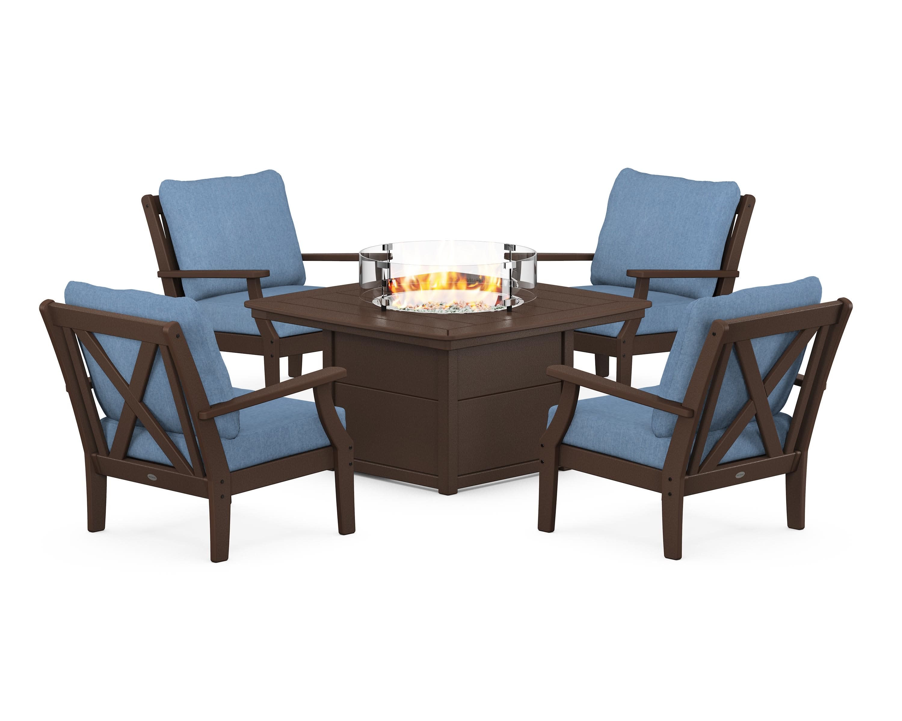 Braxton 5-Piece Deep Seating Conversation Set with Fire Pit Table in Mahogany / Sky Blue