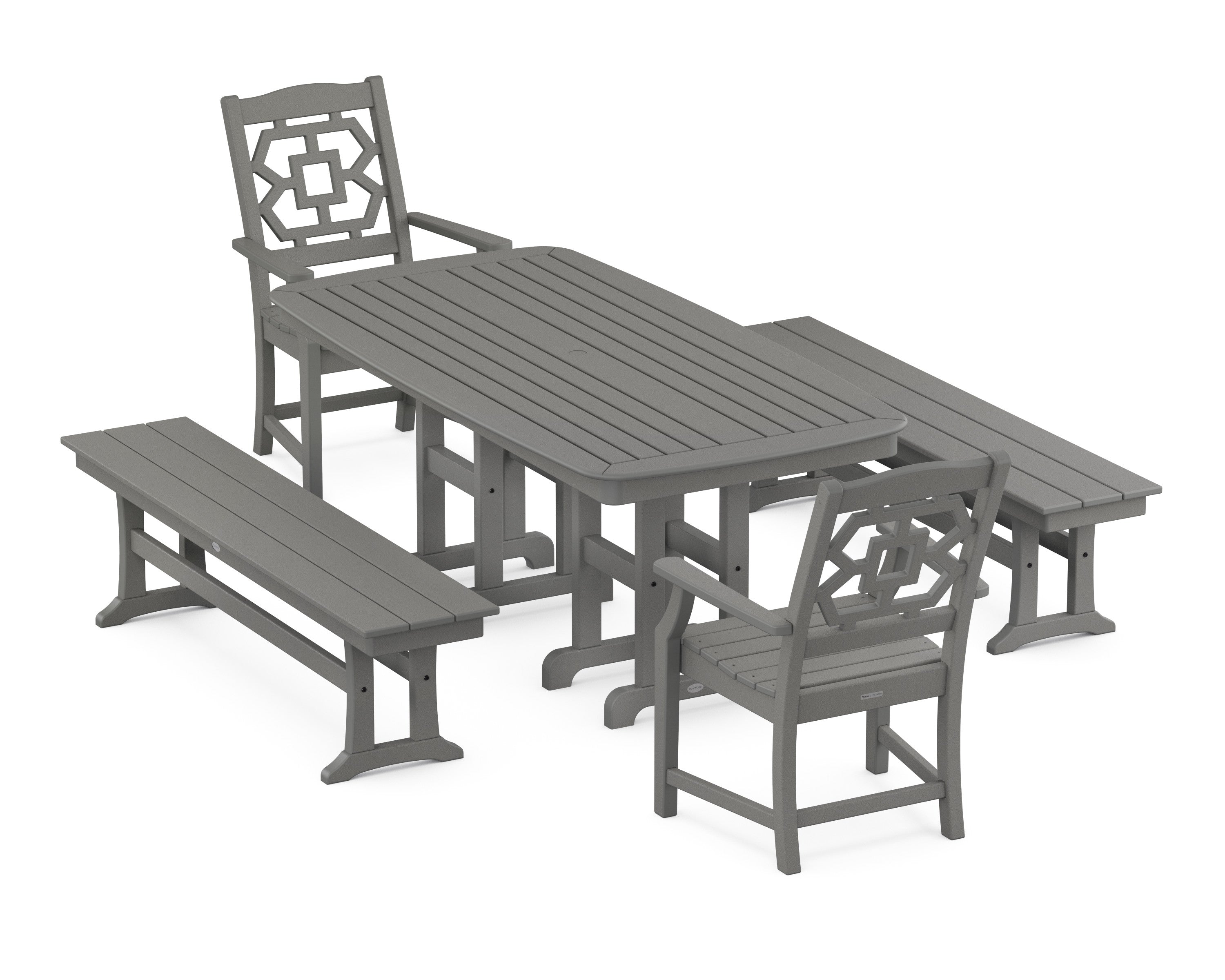 Chinoiserie 5-Piece Dining Set with Benches in Slate Grey
