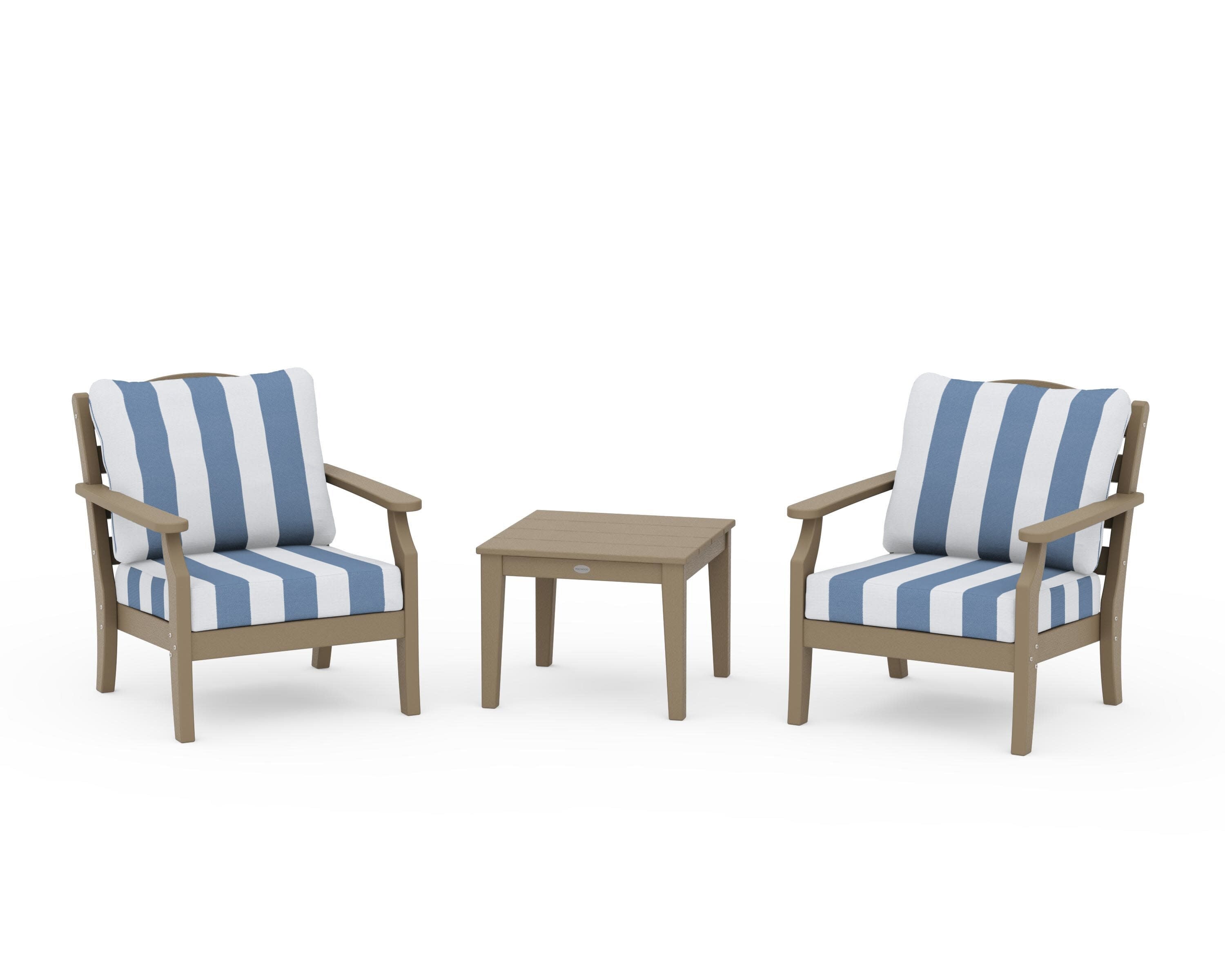 Savannah 3-Piece Deep Seating Set in Vintage Sahara / Cabana Stripe Sky Blue