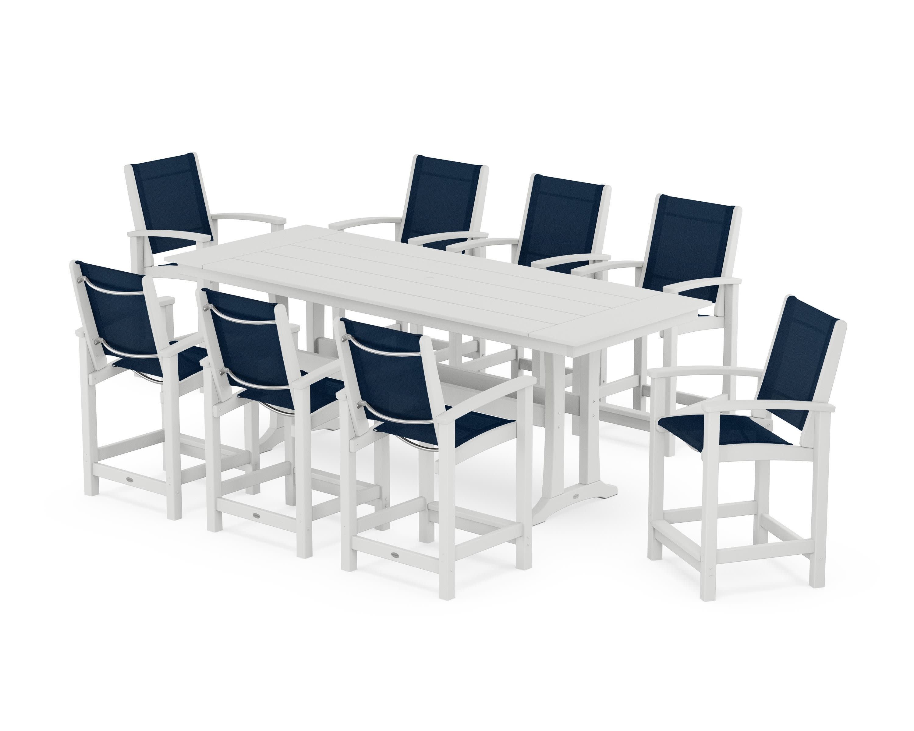 Coastal 9-Piece Farmhouse Counter Set with Trestle Legs in White / Navy Blue Sling
