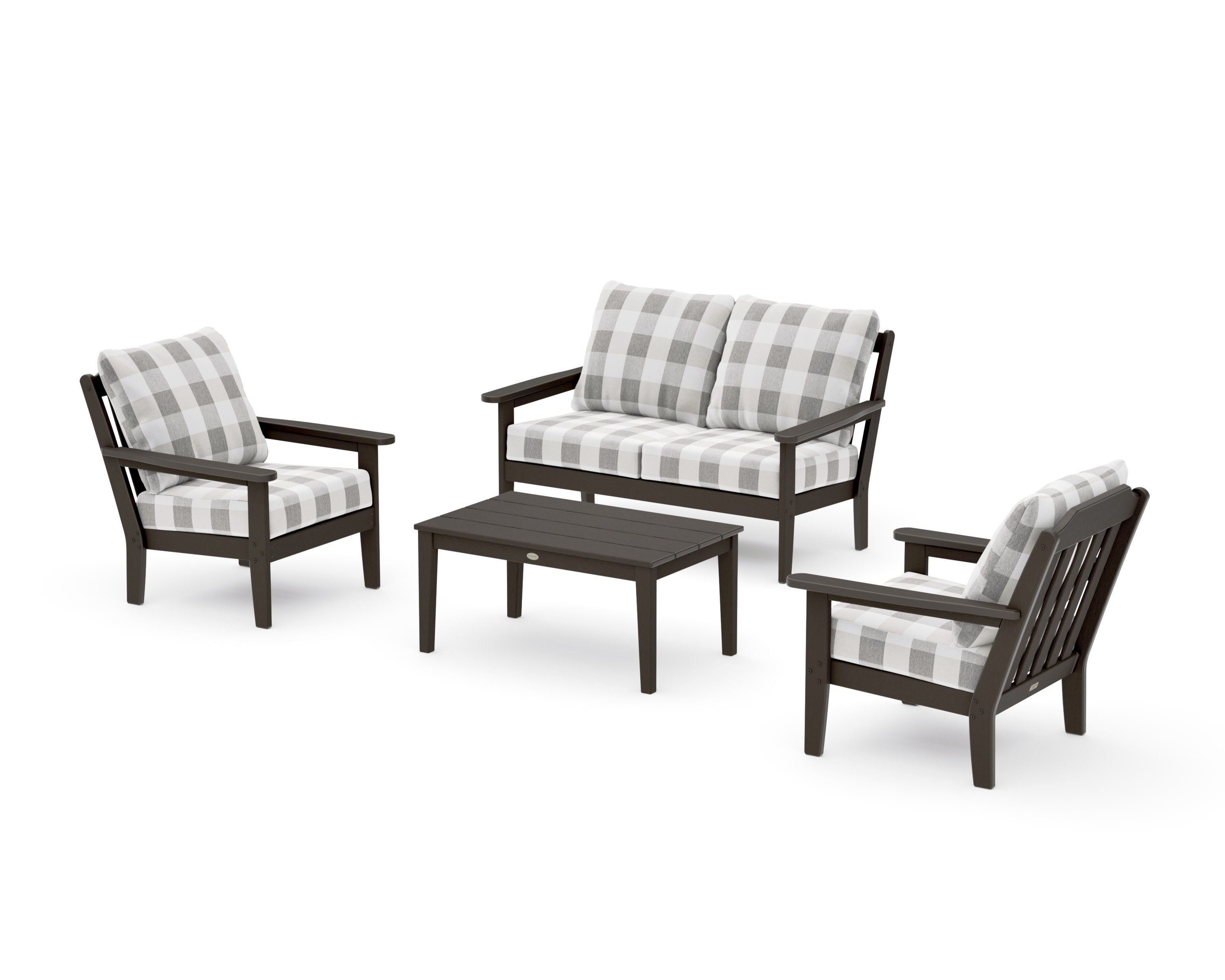 Cottage 4-Piece Deep Seating Set with Loveseat in Vintage Coffee / Buffalo Plaid Grey Mist