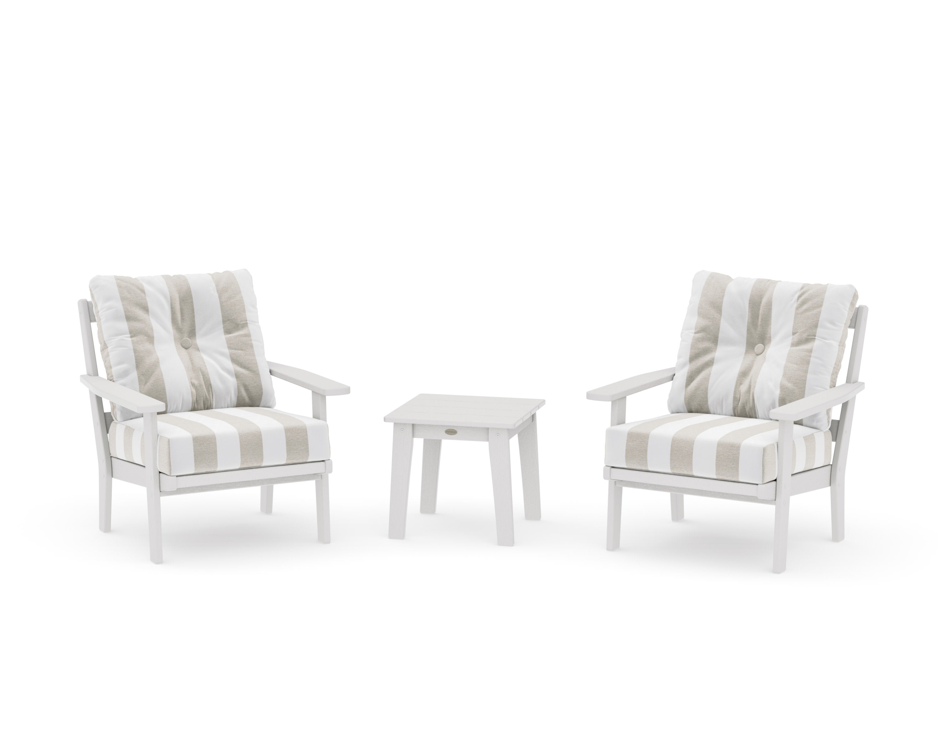 Prairie 3-Piece Deep Seating Set in Vintage White / Cabana Stripe Dune Burlap
