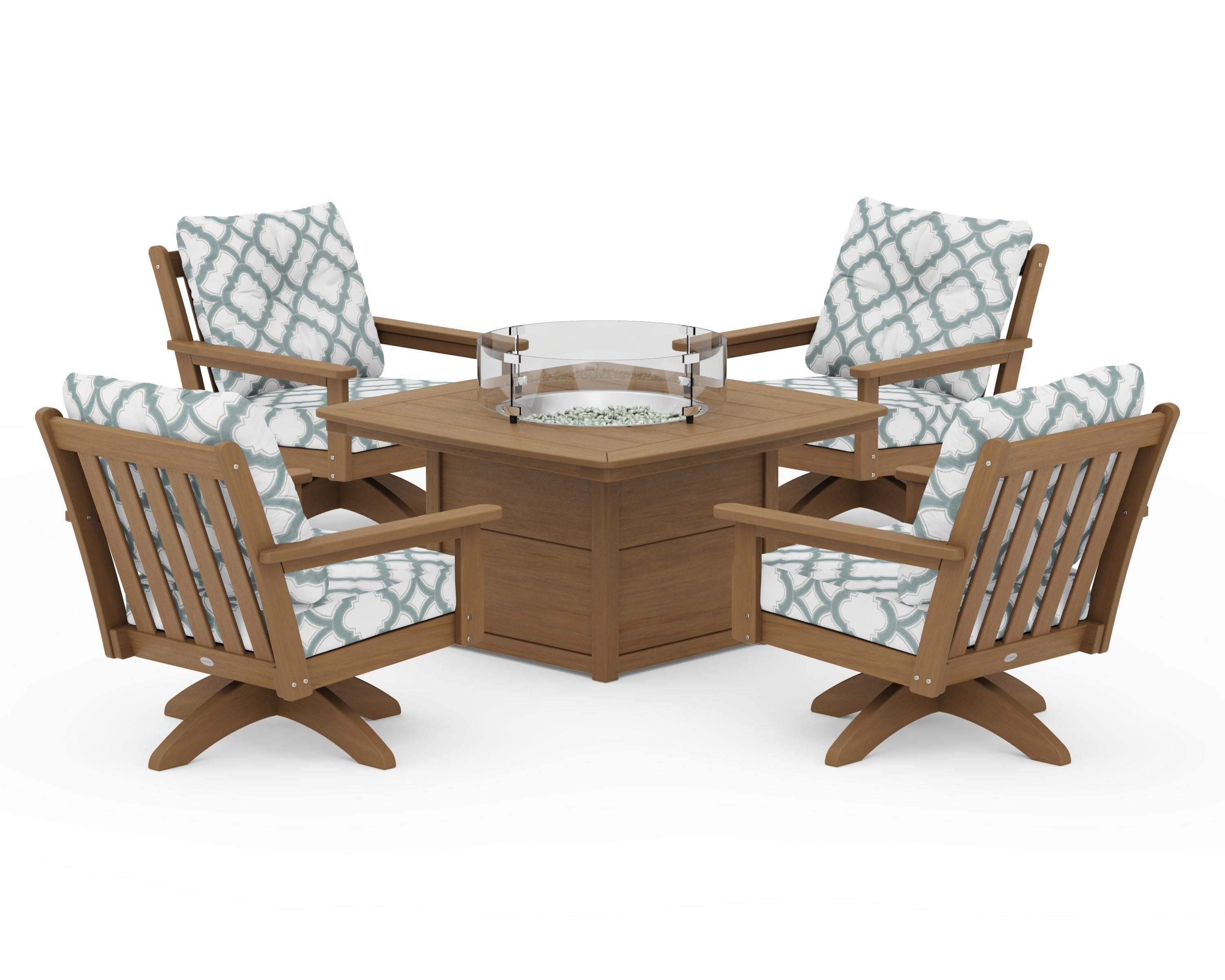 Vineyard 5-Piece Deep Seating Swivel Conversation Set with Fire Pit Table in Natural / Trellis Glacier Spa