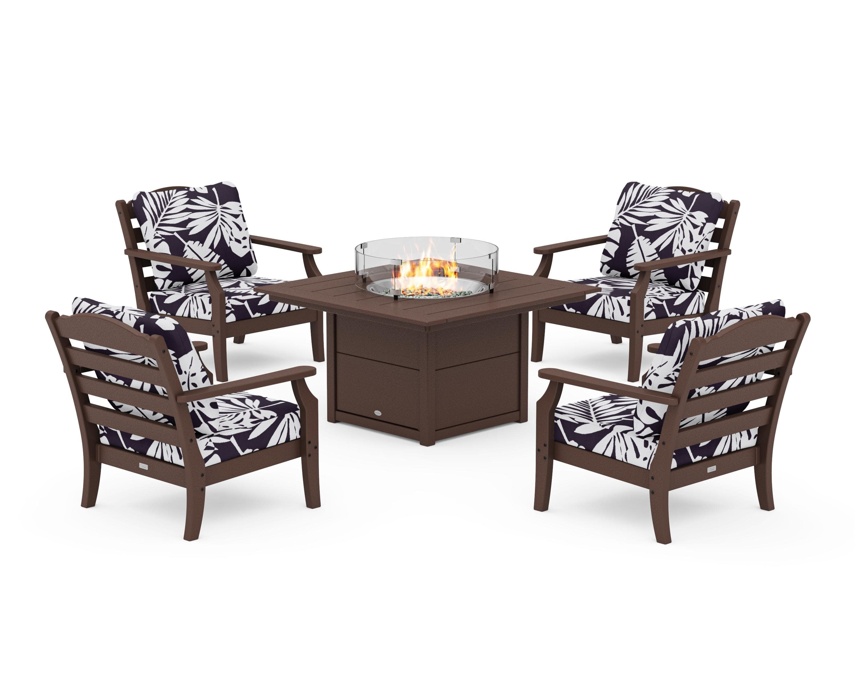 Savannah 5-Piece Deep Seating Set with Fire Pit Table in Mahogany / Leaf Navy